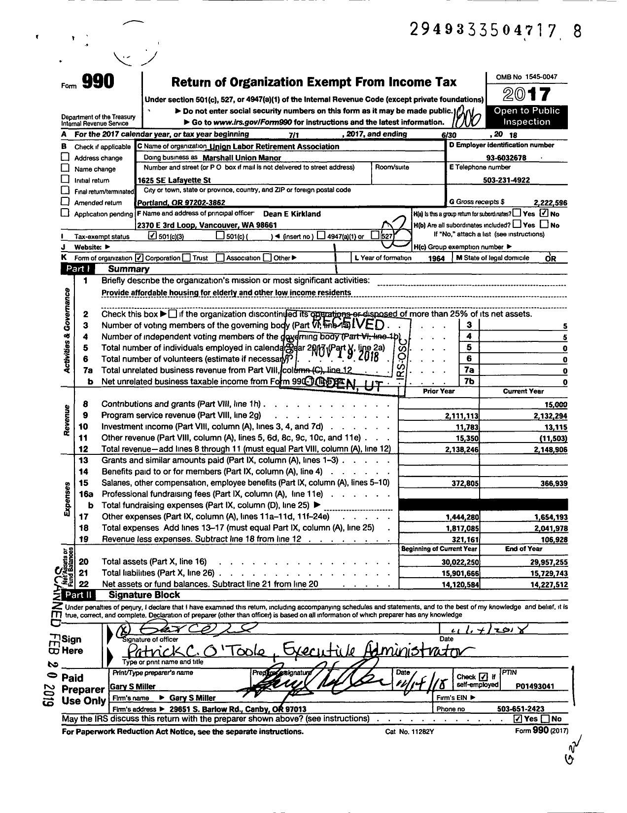 Image of first page of 2017 Form 990 for Marshall Union Manor