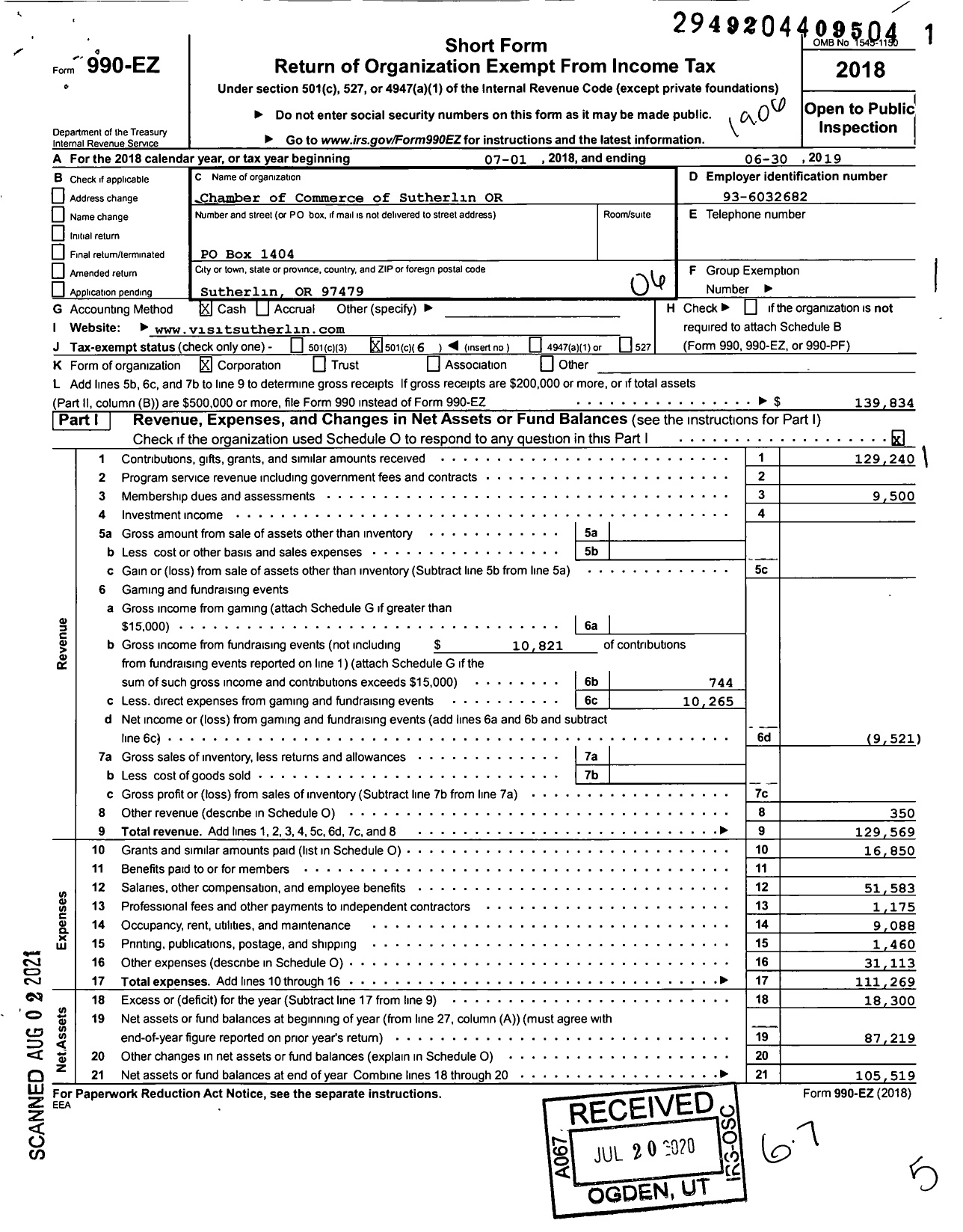 Image of first page of 2018 Form 990EO for Chamber of Commerce of Sutherlin OR