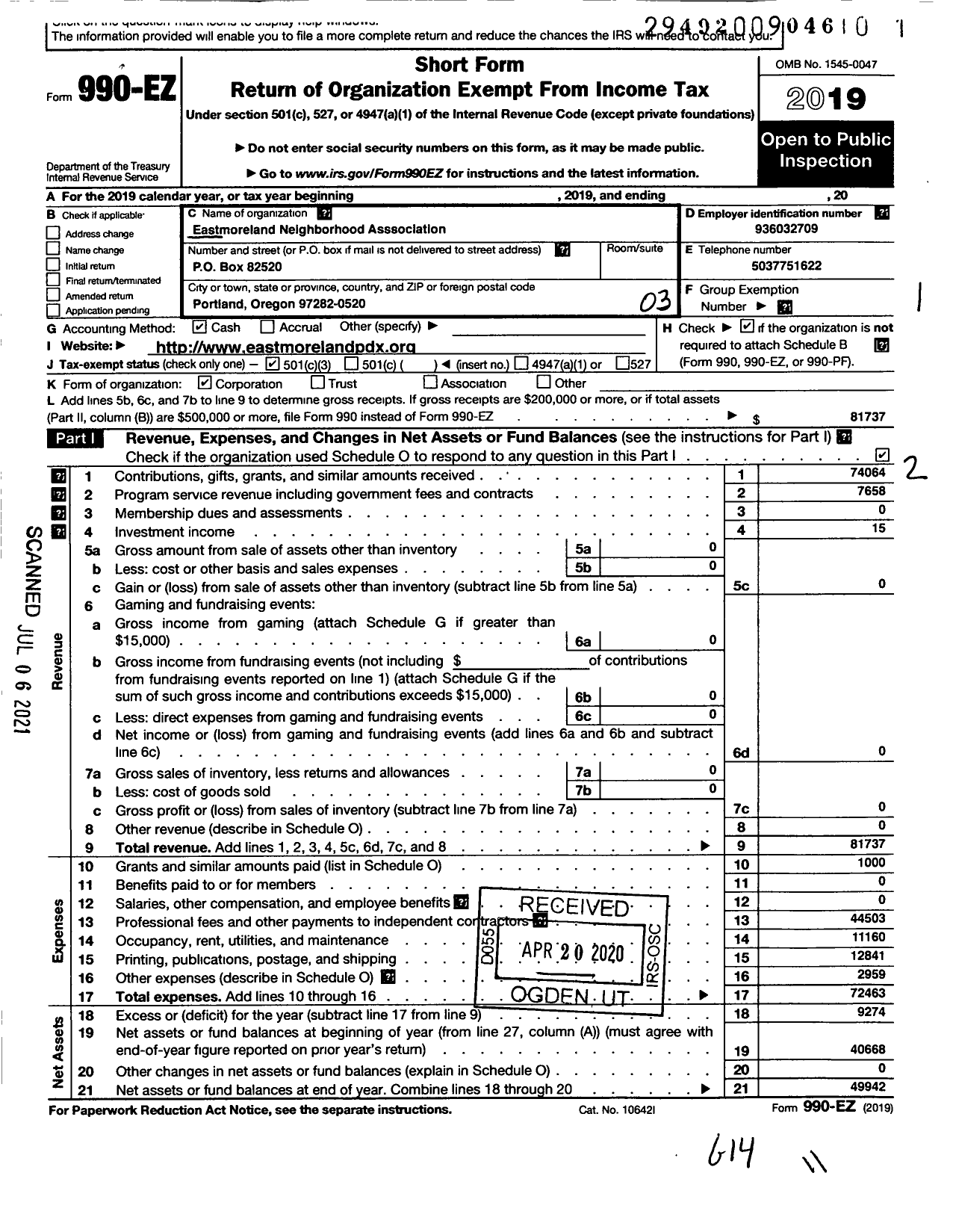 Image of first page of 2019 Form 990EZ for Eastmoreland Neighborhood Association