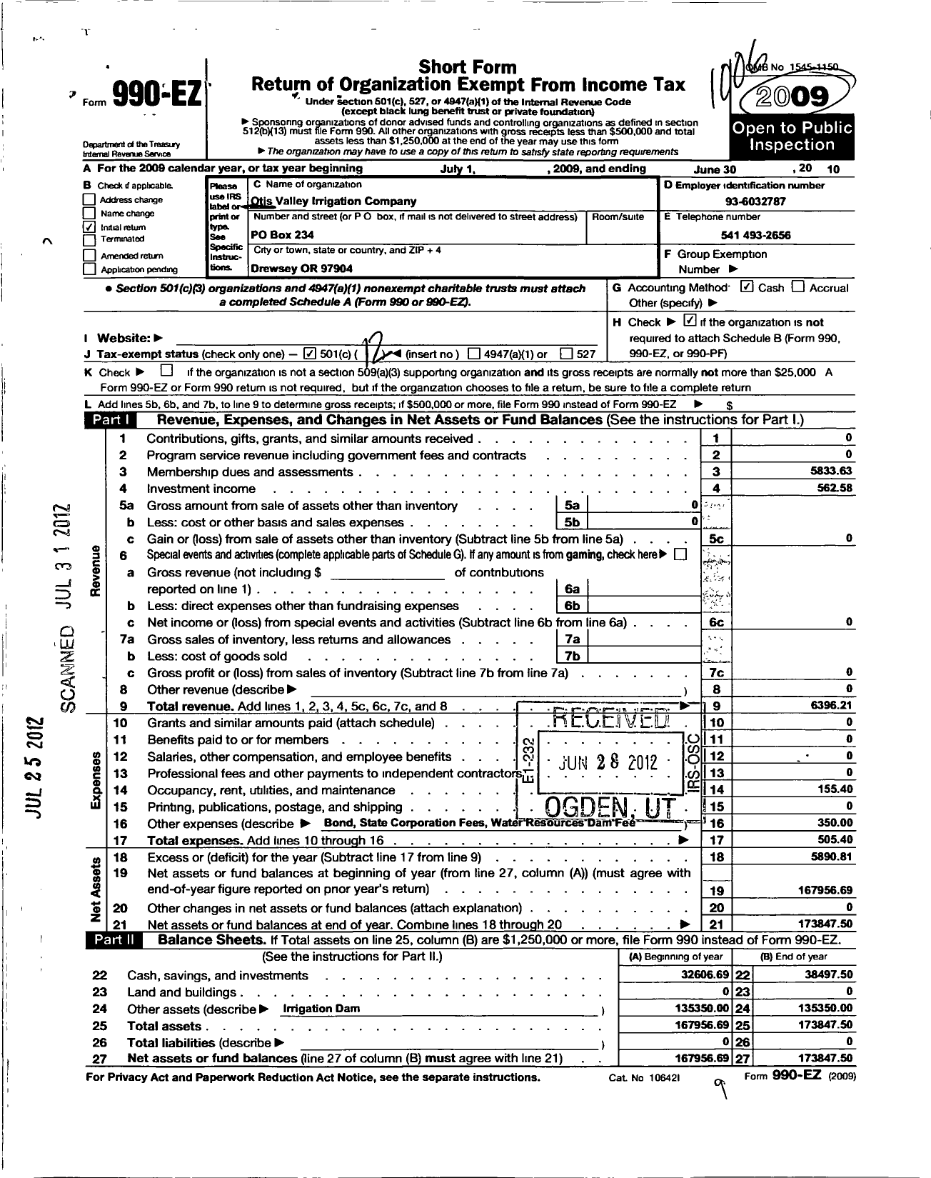 Image of first page of 2009 Form 990EO for Otis Valley Irrigation Company