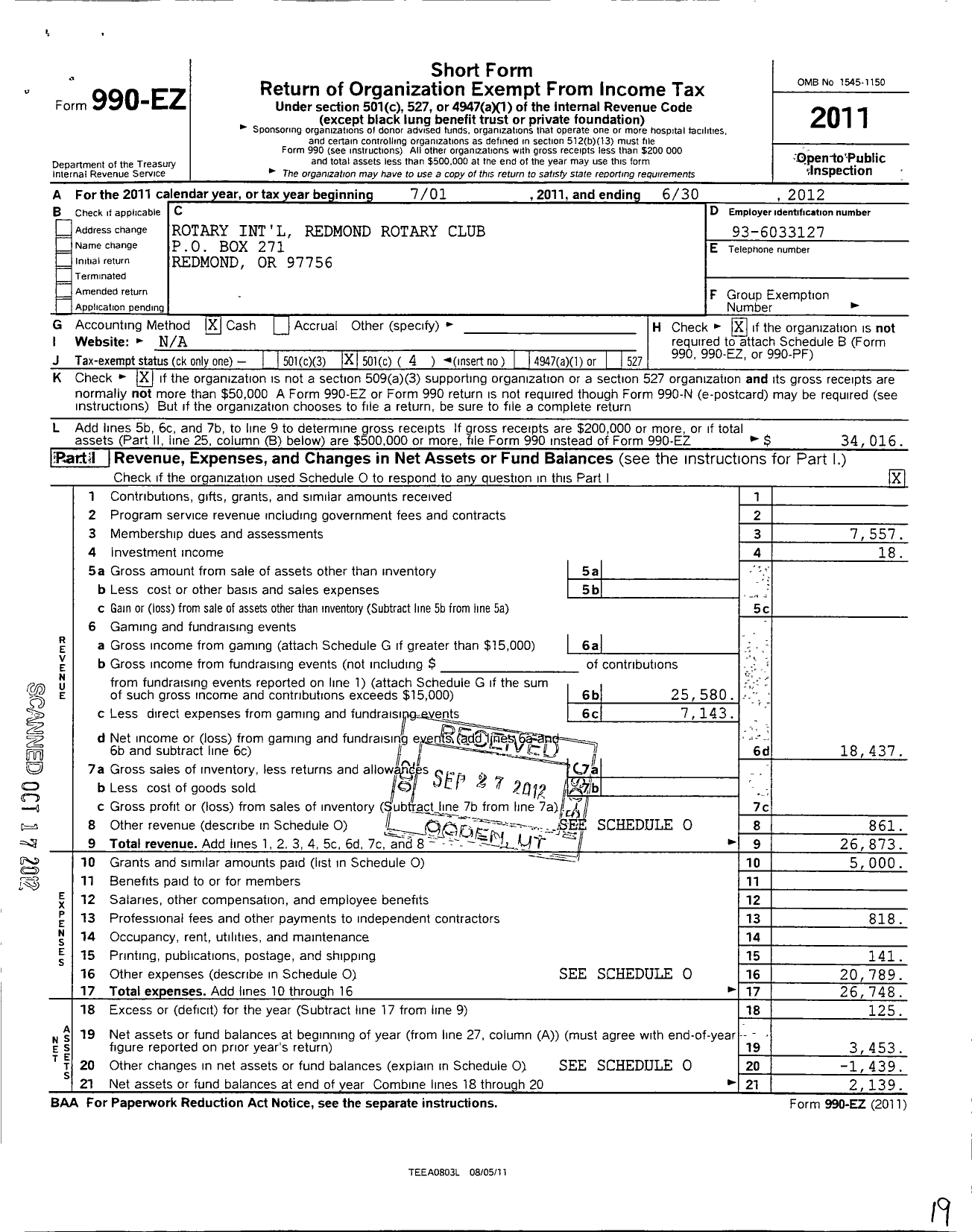 Image of first page of 2011 Form 990EO for Rotary International - Redmond