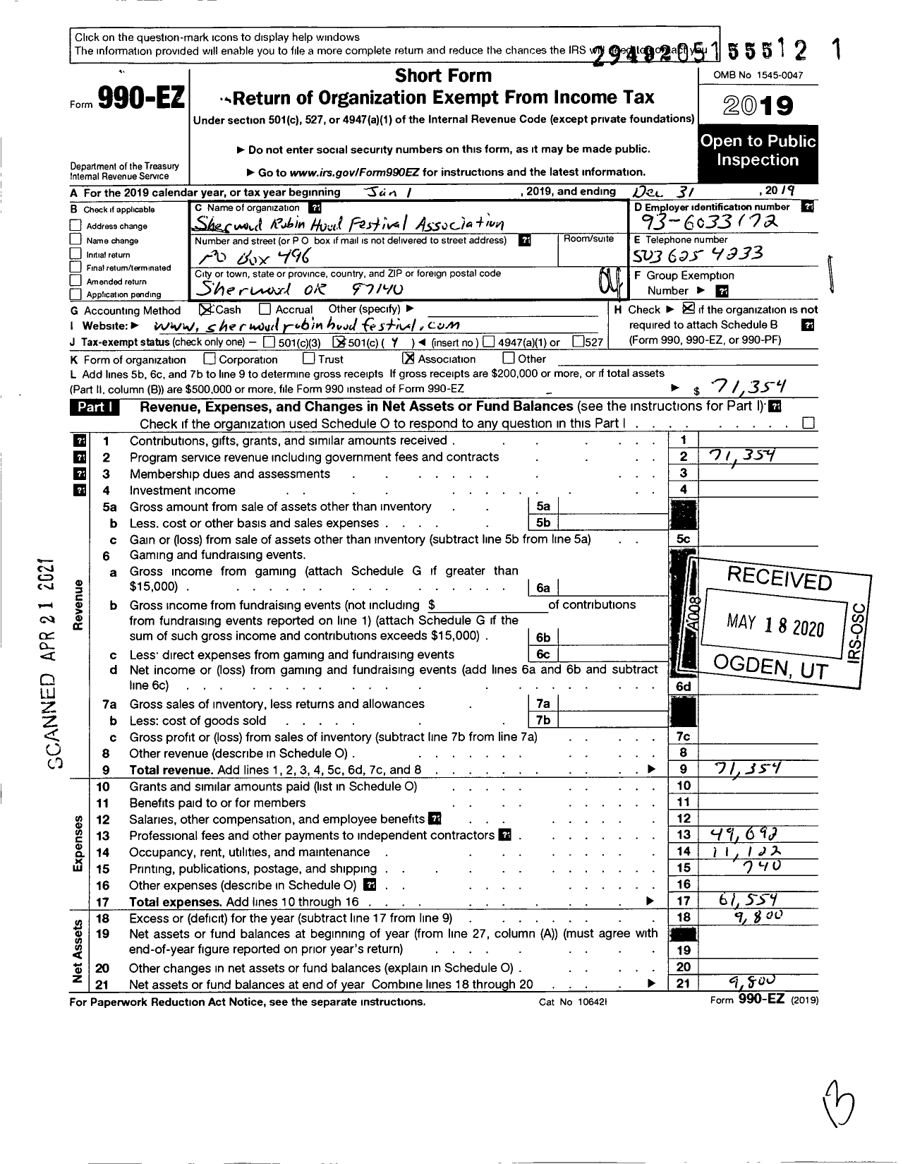 Image of first page of 2019 Form 990EO for Sherwood Robin Hood Festival Association