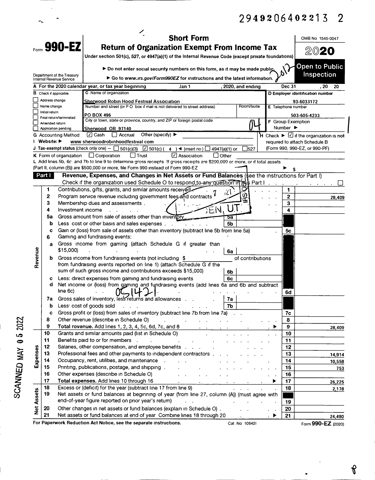 Image of first page of 2020 Form 990EO for Sherwood Robin Hood Festival Association