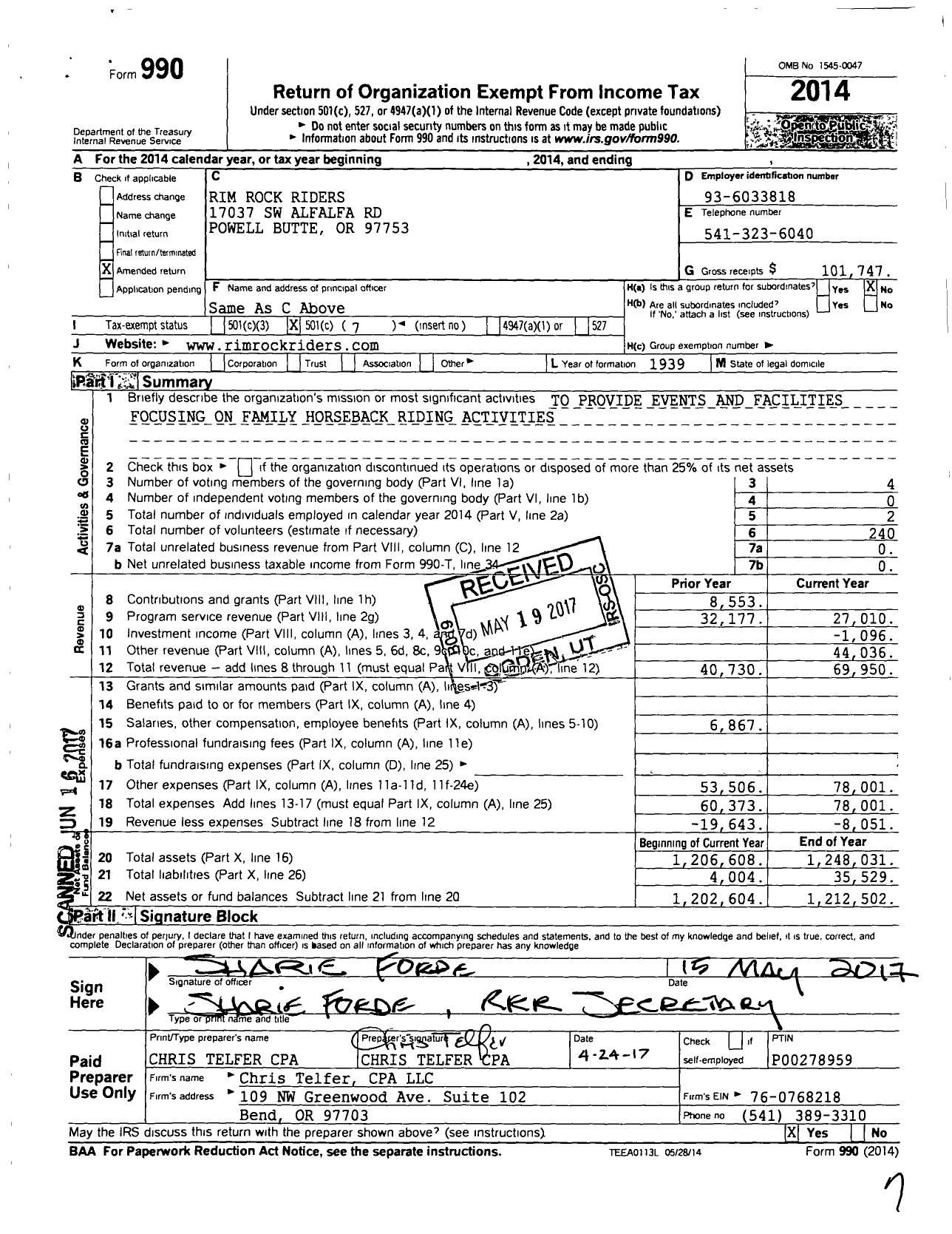 Image of first page of 2014 Form 990O for Rim Rock Riders