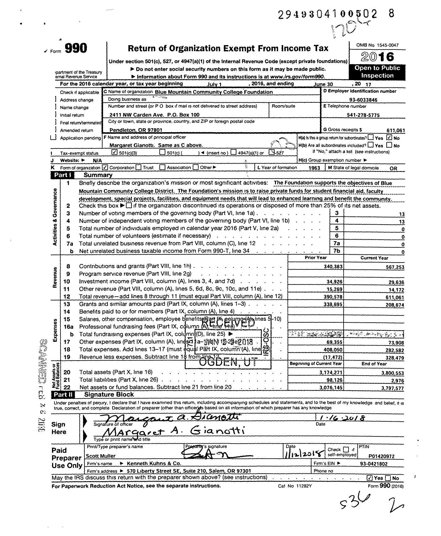 Image of first page of 2016 Form 990 for Blue Mountain Community College Foundation