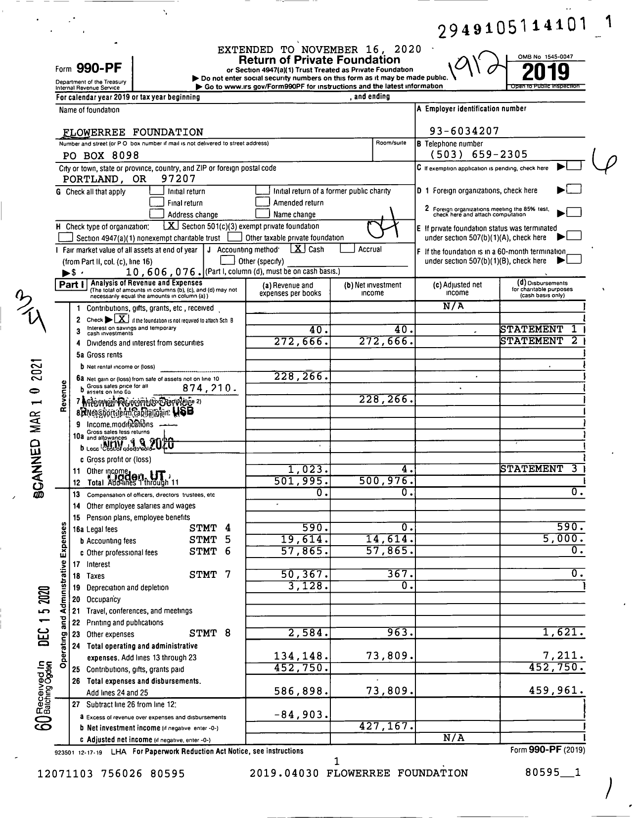 Image of first page of 2019 Form 990PF for Flowerree Foundation