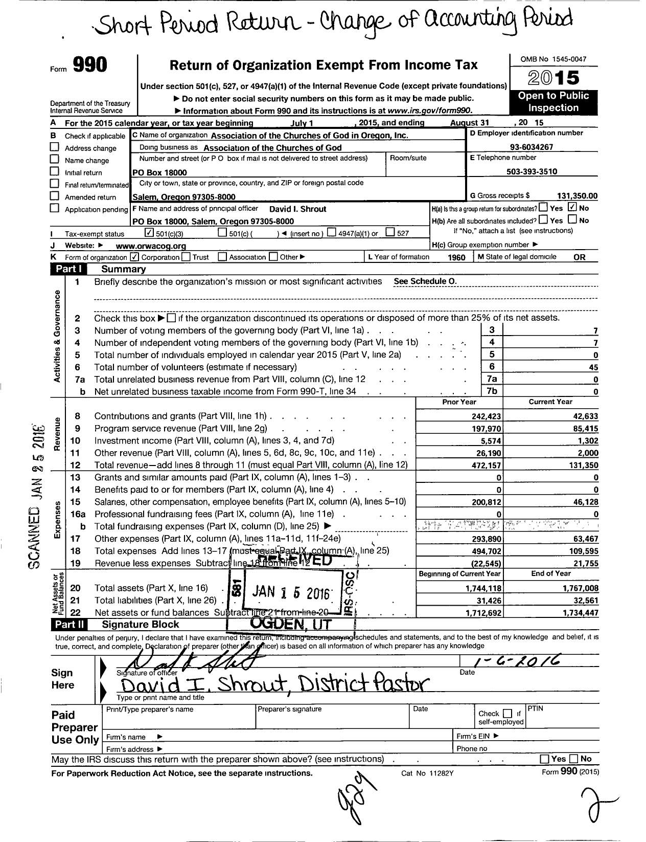 Image of first page of 2014 Form 990 for Association of the Churches of God in Oregon