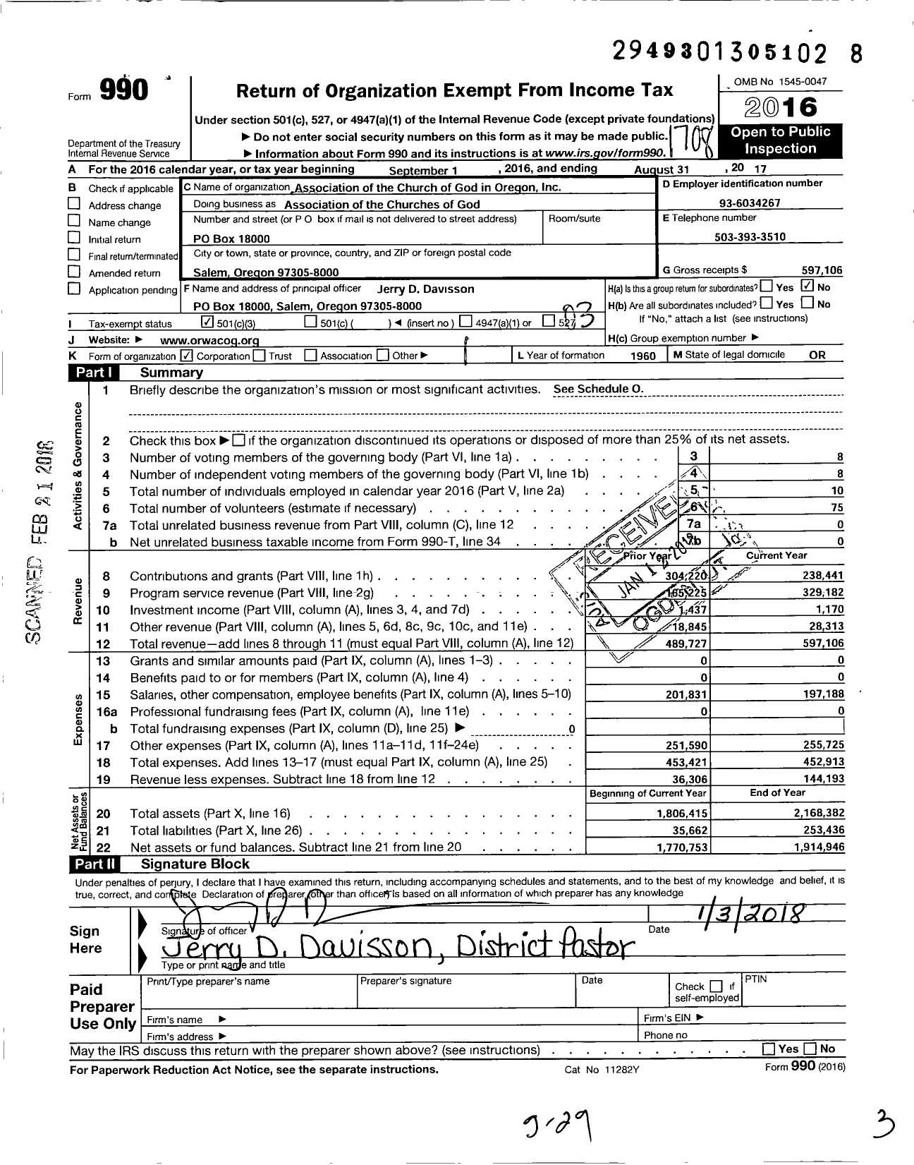 Image of first page of 2016 Form 990 for Association of the Churches of God in Oregon