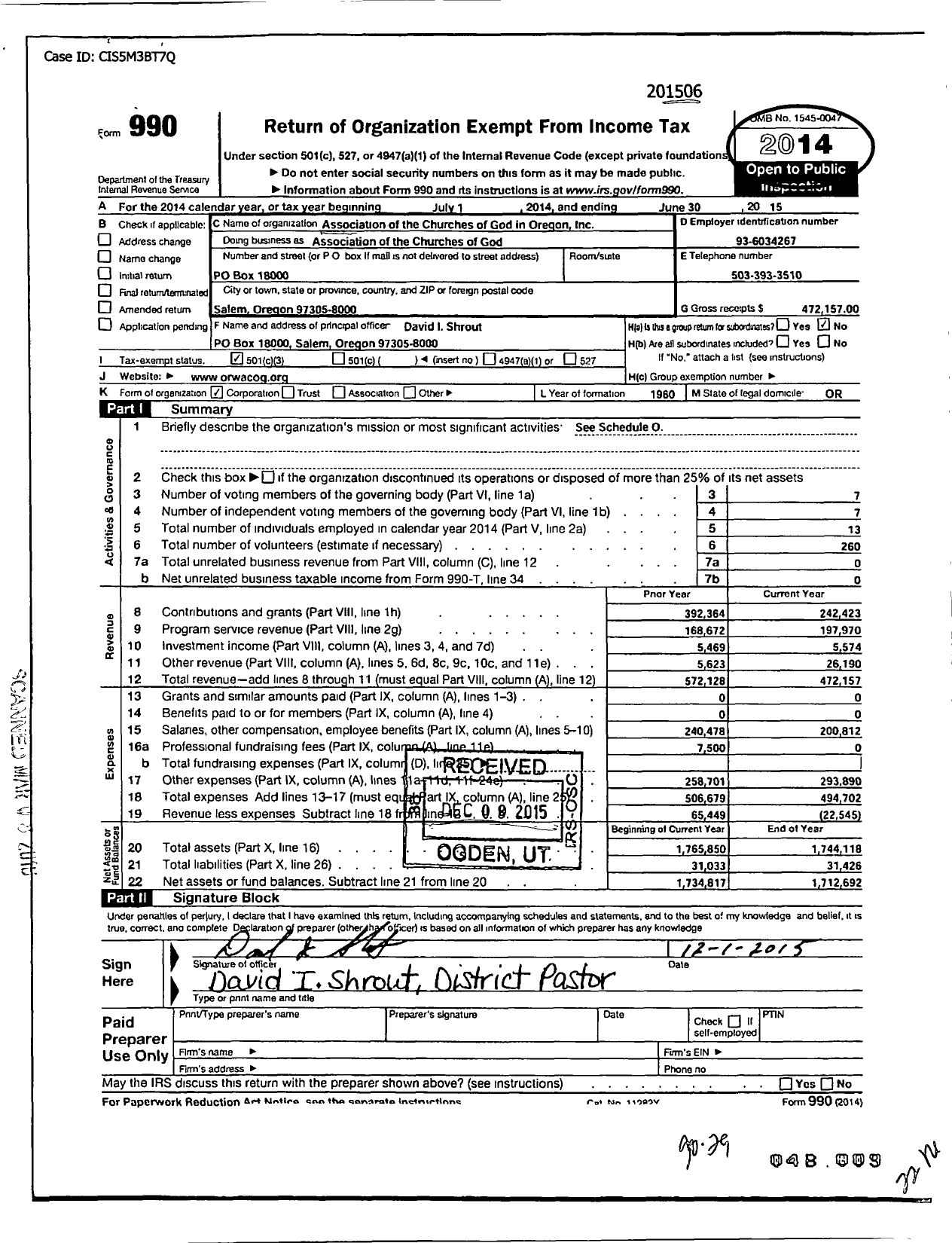 Image of first page of 2014 Form 990 for Association of the Churches of God in Oregon