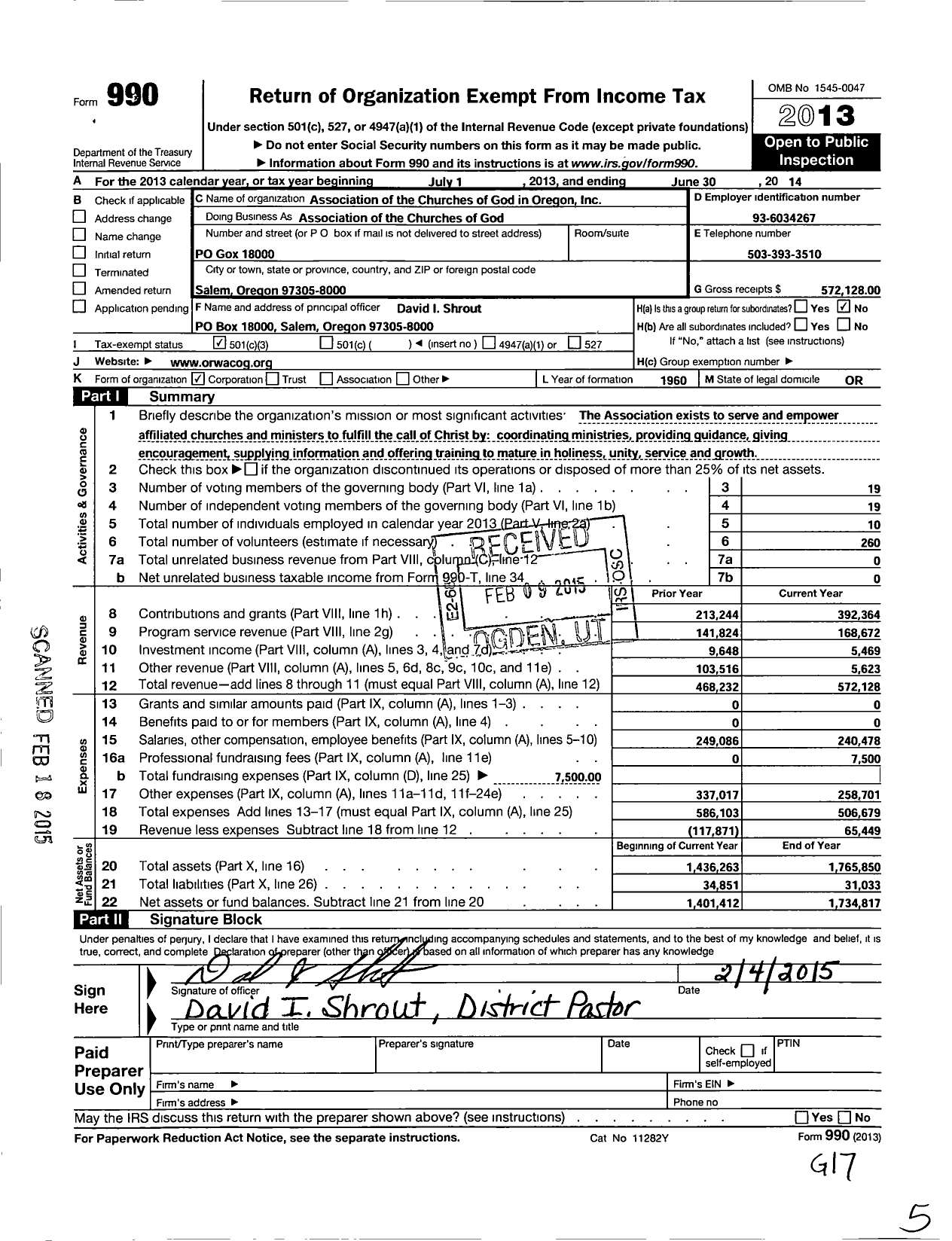 Image of first page of 2013 Form 990 for Association of the Churches of God in Oregon