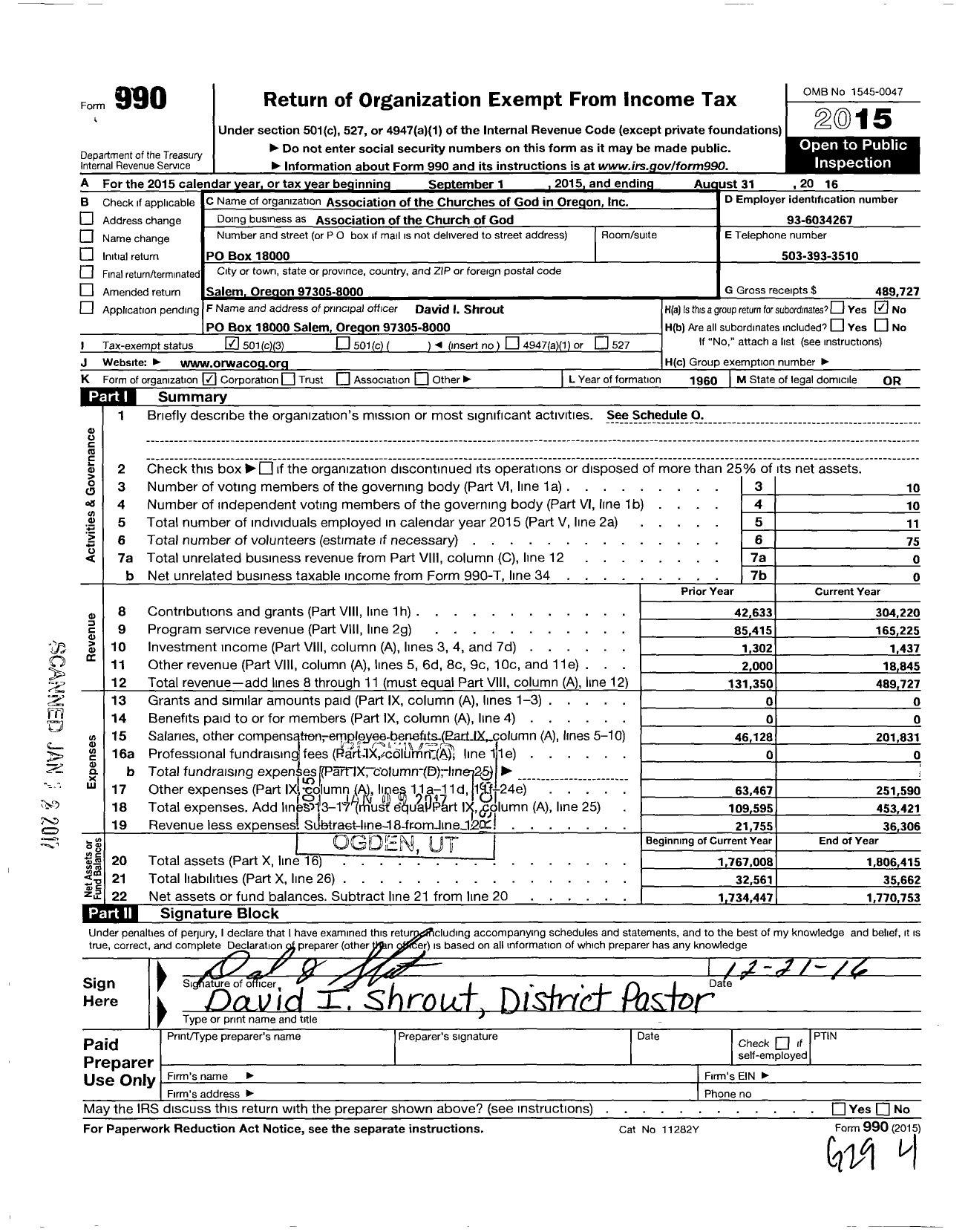 Image of first page of 2015 Form 990 for Association of the Churches of God in Oregon