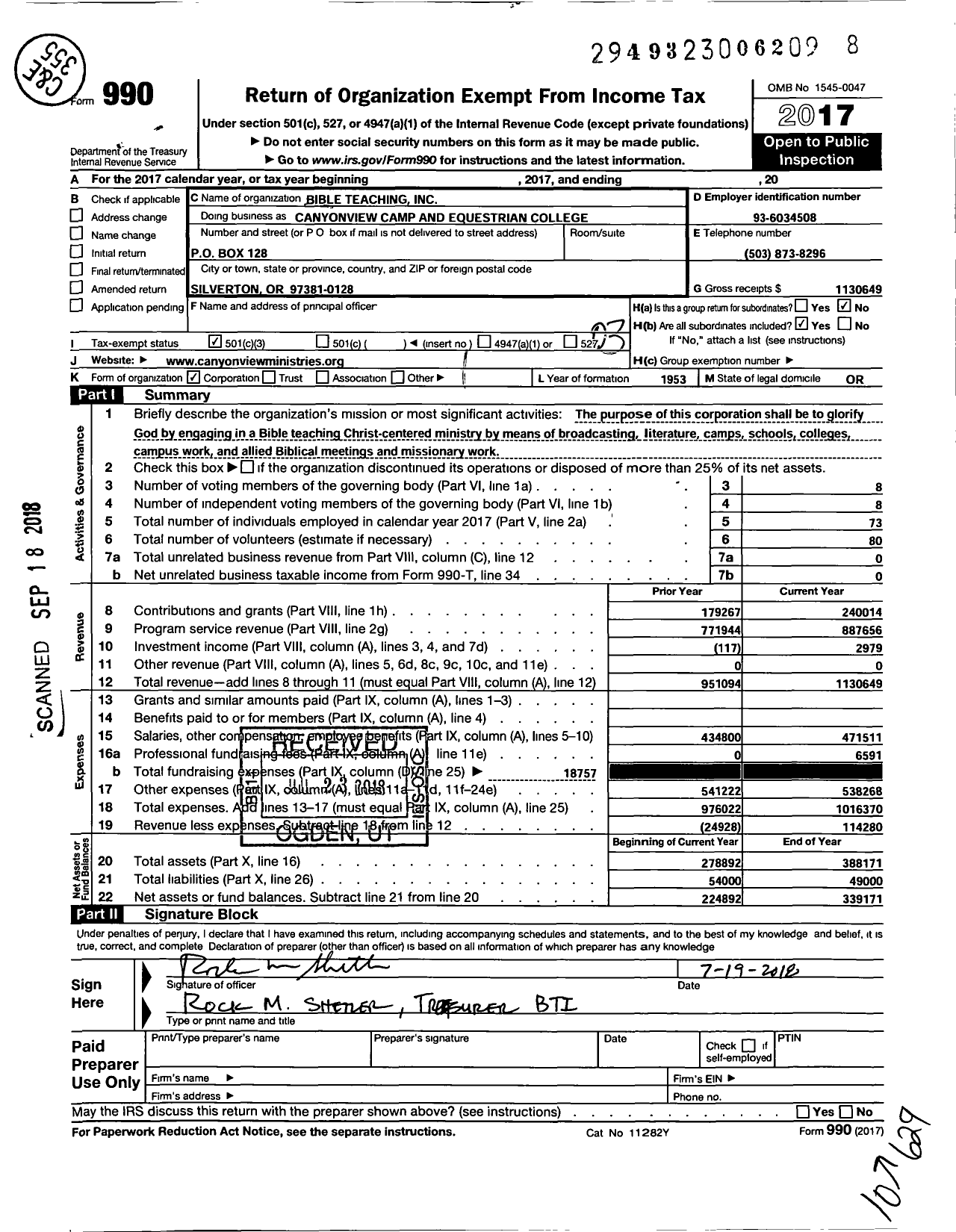 Image of first page of 2017 Form 990 for Canyonview Camp