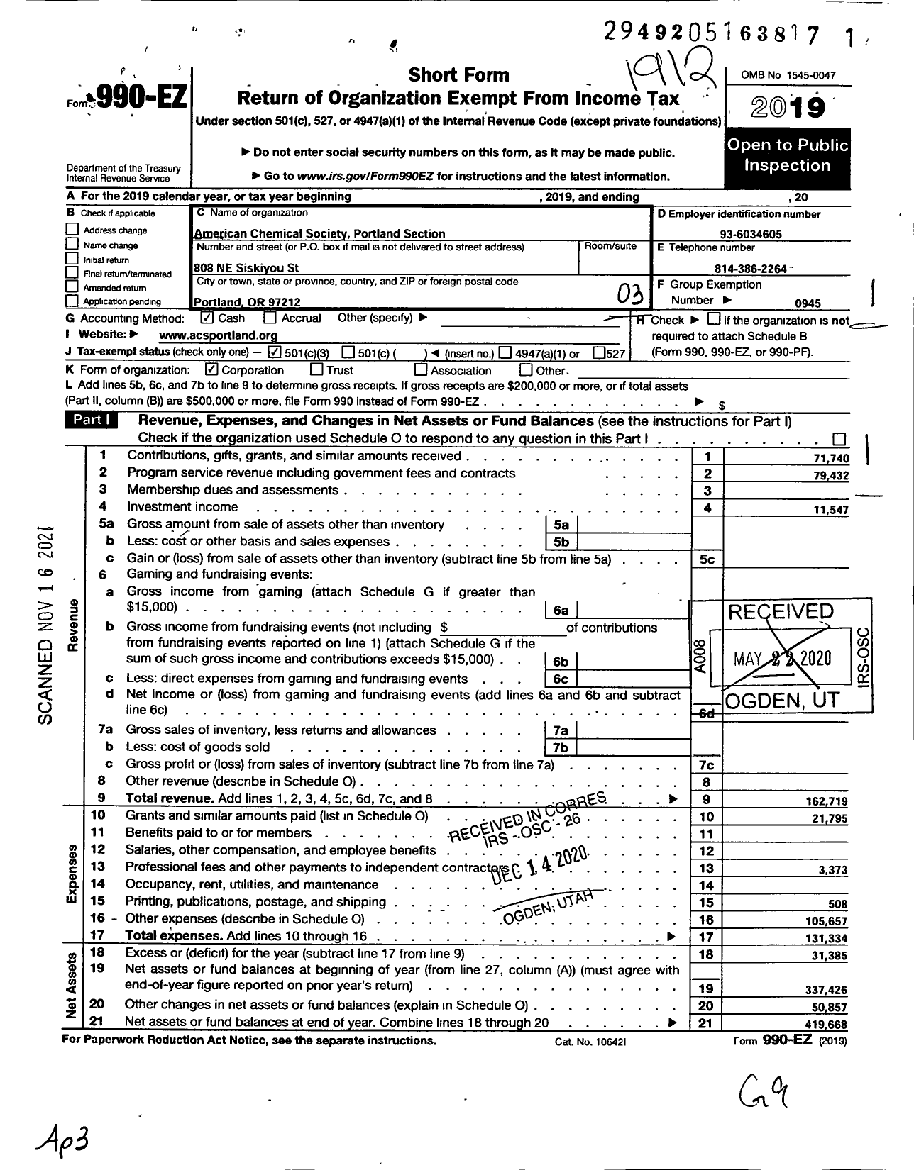 Image of first page of 2019 Form 990EZ for AMERICAN CHEMICAL SOCIETY - Portland Section