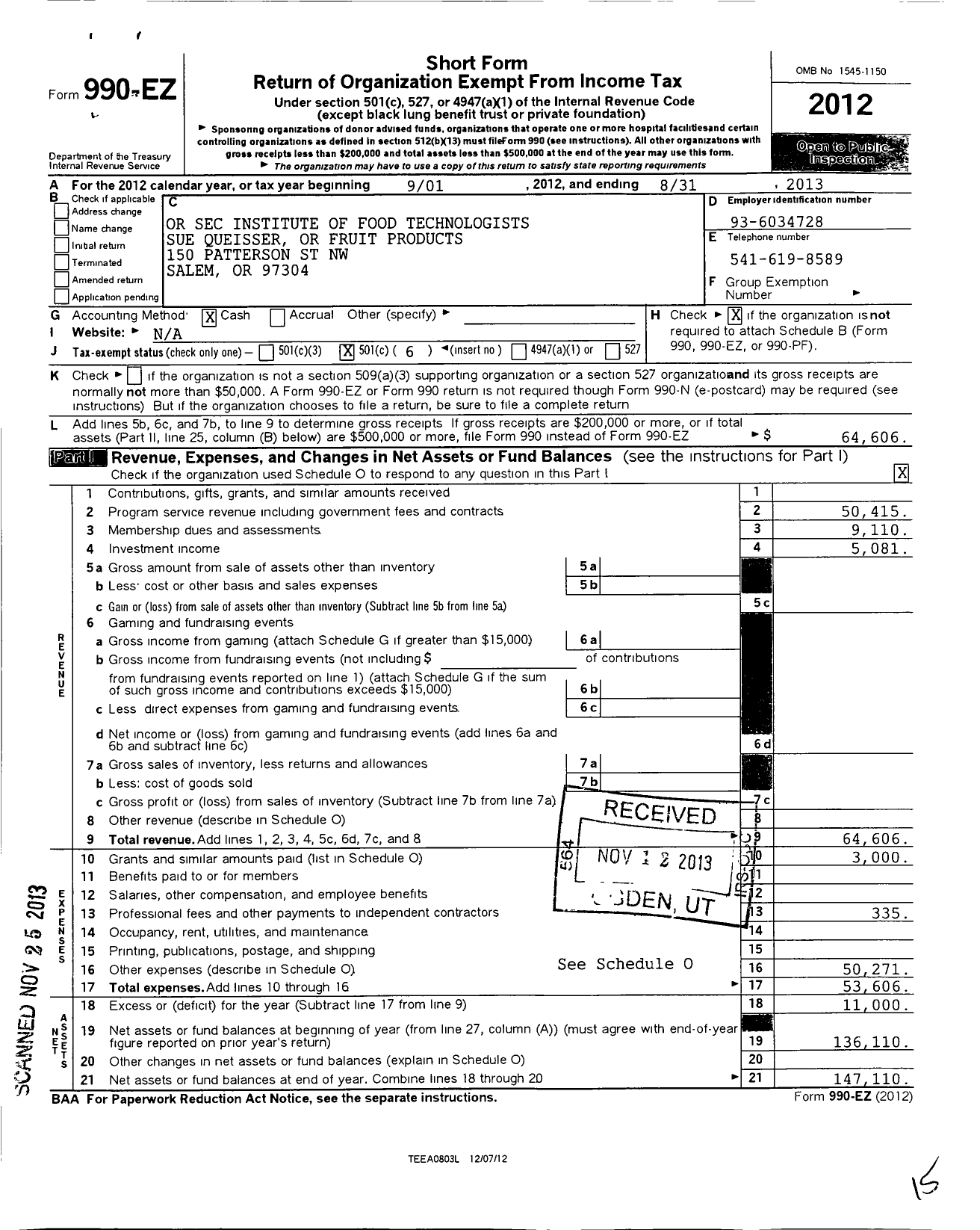 Image of first page of 2012 Form 990EO for Oregon Section of the Institute of Food Technologists