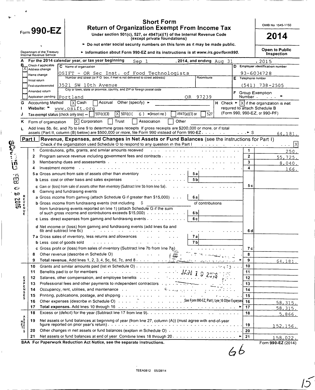 Image of first page of 2014 Form 990EO for Oregon Section of the Institute of Food Technologists