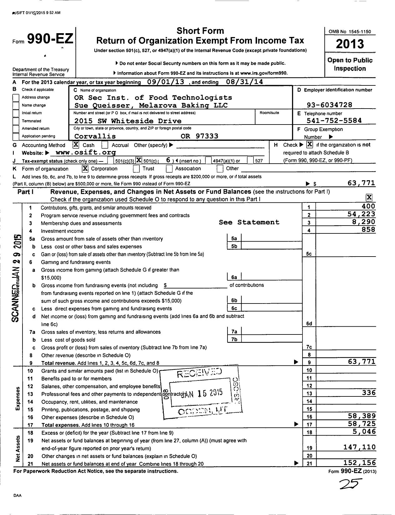 Image of first page of 2013 Form 990EO for Oregon Section of the Institute of Food Technologists