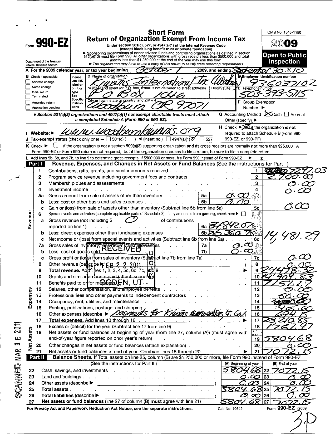 Image of first page of 2009 Form 990EO for Kiwanis International - K05679 Woodburn