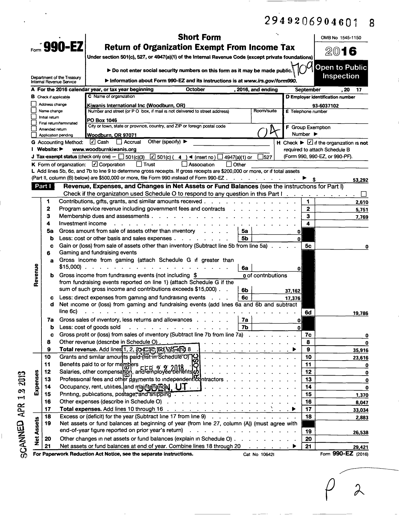 Image of first page of 2016 Form 990EO for Kiwanis International - K05679 Woodburn