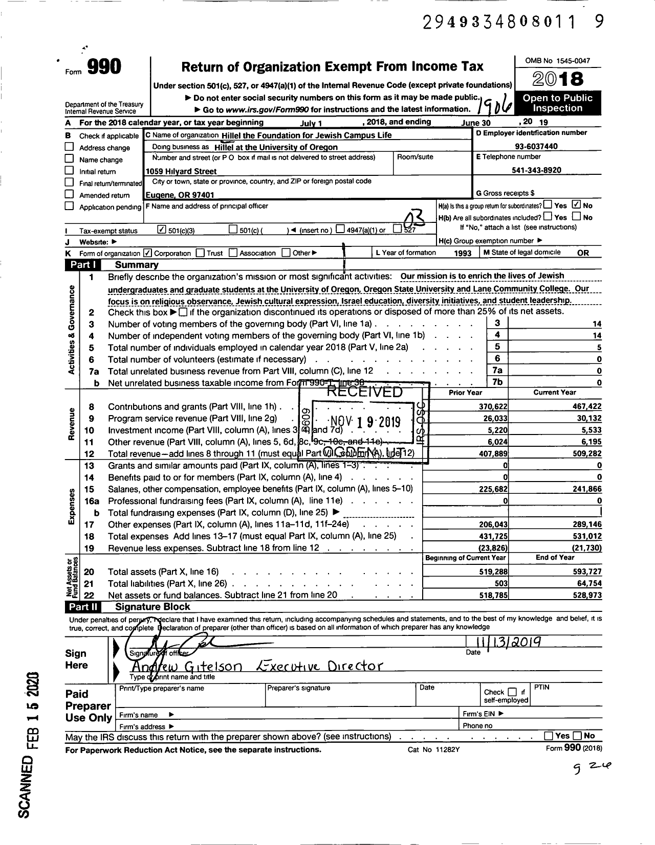 Image of first page of 2018 Form 990 for Hillel THE FOUNDATION FOR JEWISH CAMPUS LIFE