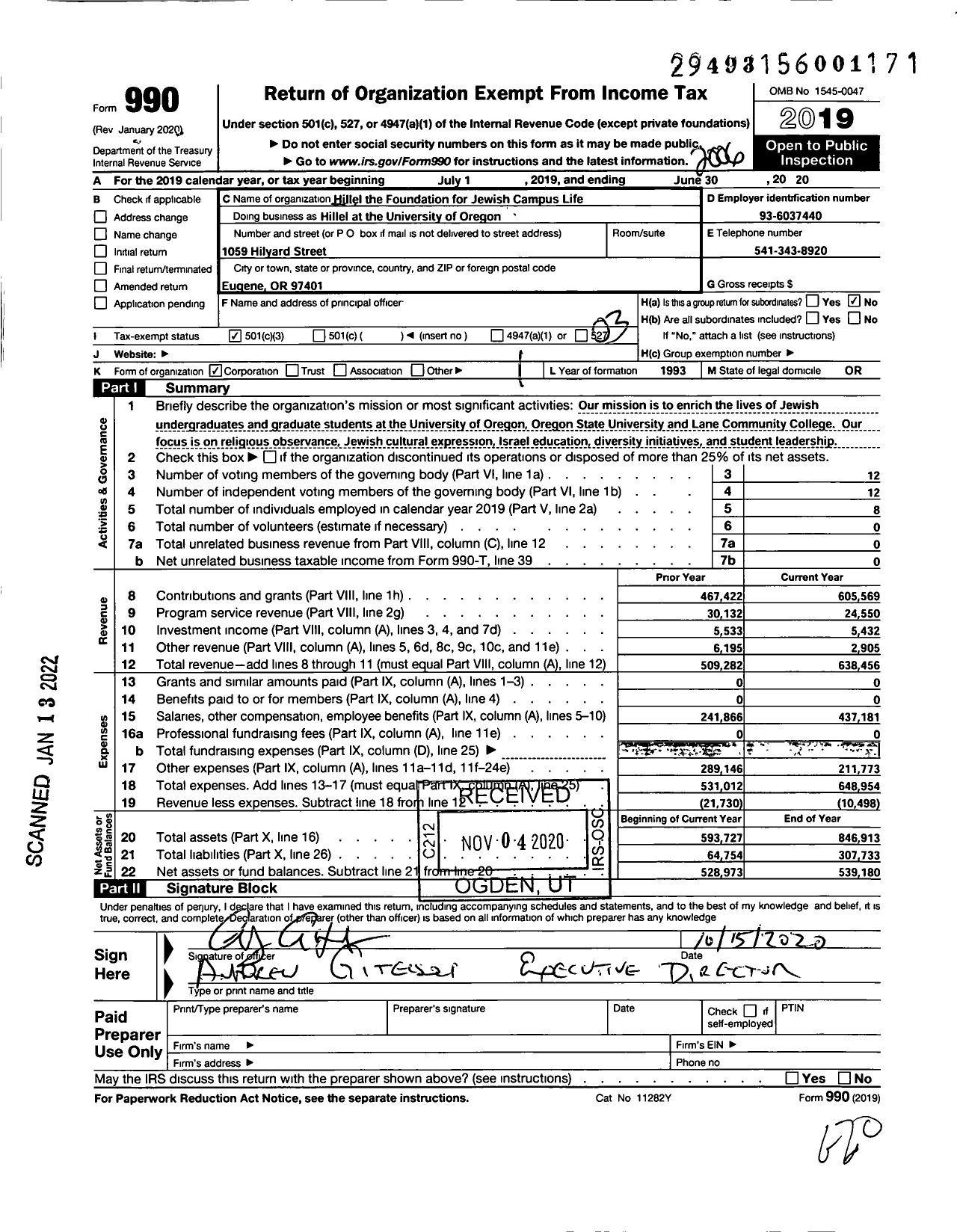 Image of first page of 2019 Form 990 for Hillel THE FOUNDATION FOR JEWISH CAMPUS LIFE