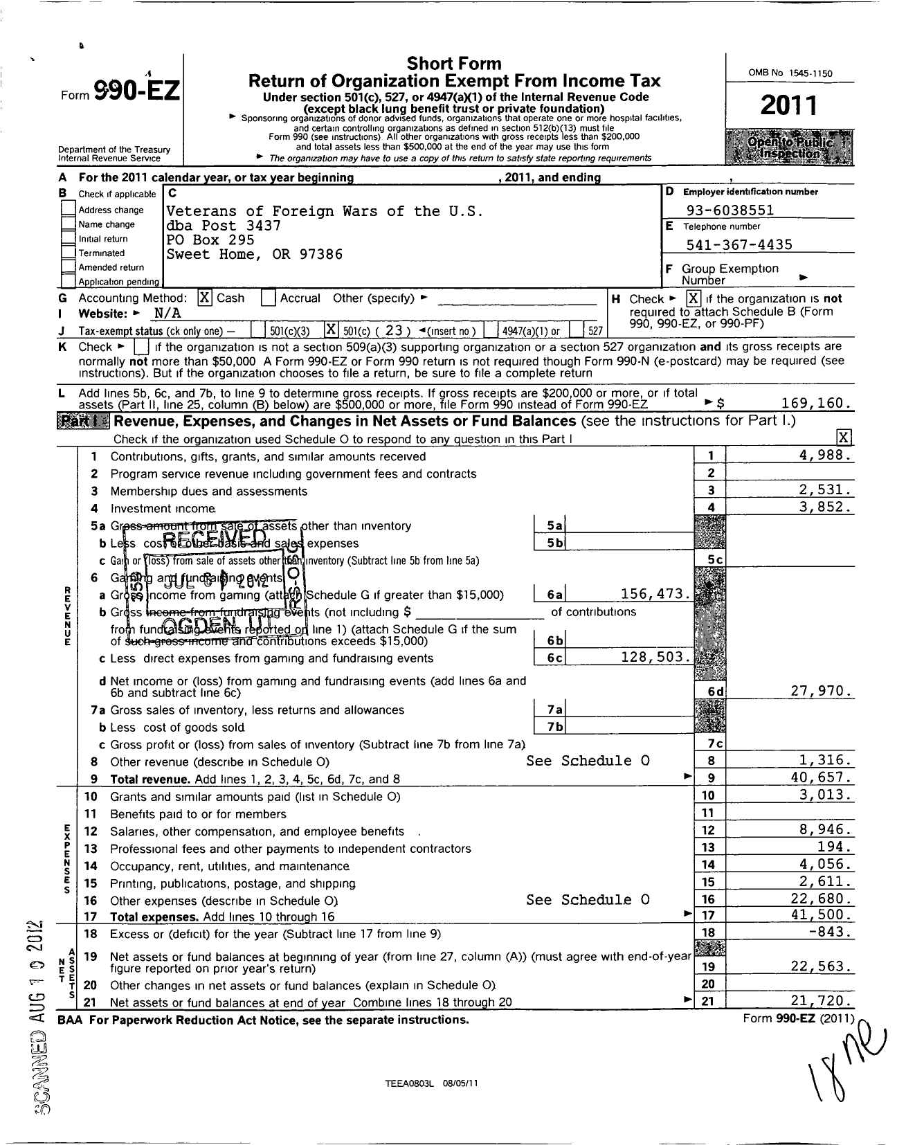 Image of first page of 2011 Form 990EO for Veterans of Foreign Wars of the United States Dept of Oregon - 3437 Sweet Home