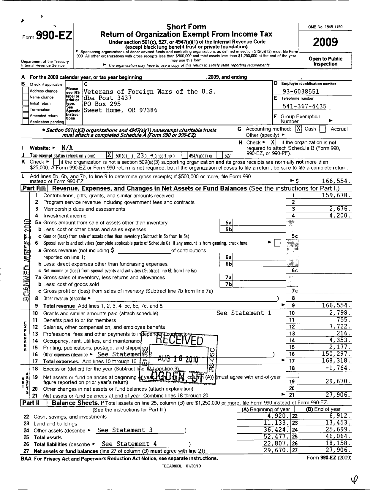 Image of first page of 2009 Form 990EO for Veterans of Foreign Wars of the United States Dept of Oregon - 3437 Sweet Home