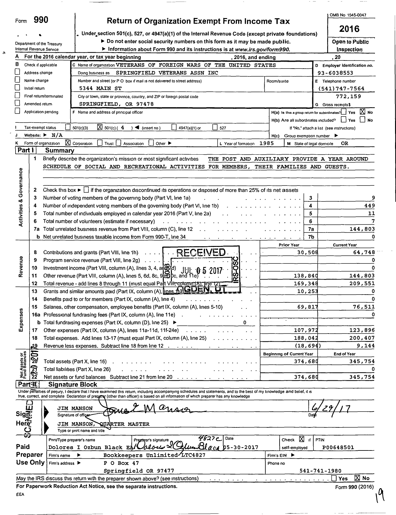 Image of first page of 2016 Form 990O for Veterans of Foreign Wars of the United States Dept of Oregon - 3965 Springfield