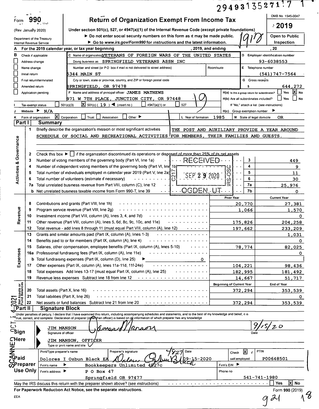 Image of first page of 2019 Form 990O for Veterans of Foreign Wars of the United States Dept of Oregon - 3965 Springfield