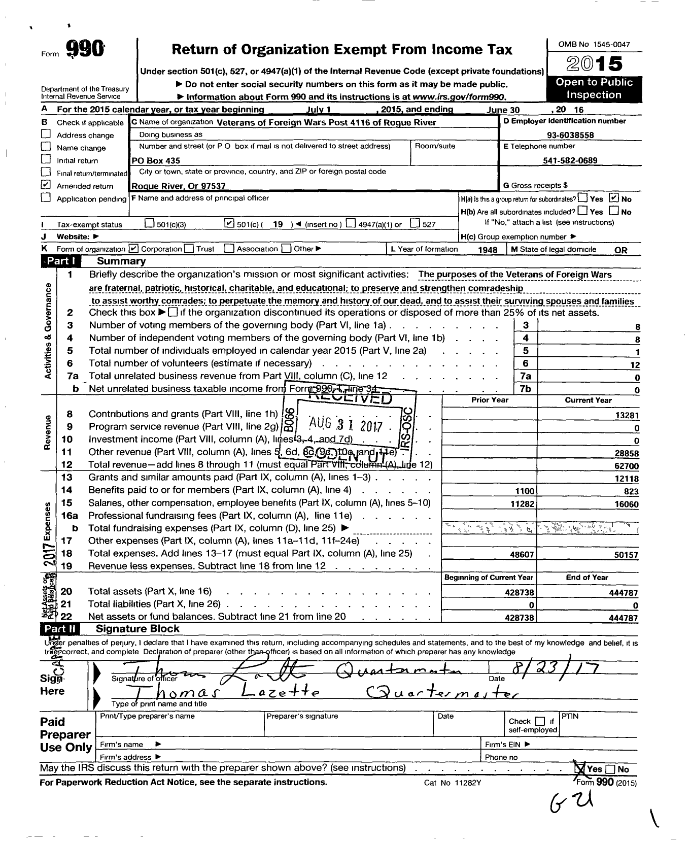 Image of first page of 2015 Form 990O for Veterans of Foreign Wars of the United States Dept of Oregon - 4116 Rogue River