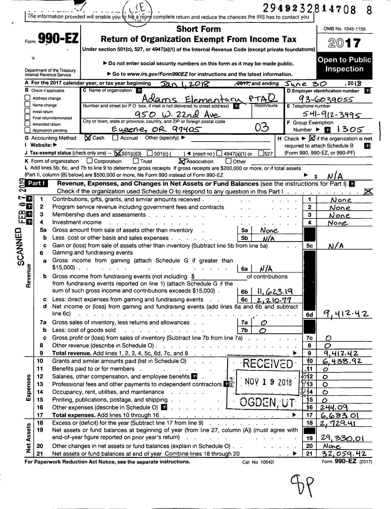 Image of first page of 2017 Form 990EZ for PTA Oregon Congress / Adams Elementary PTA