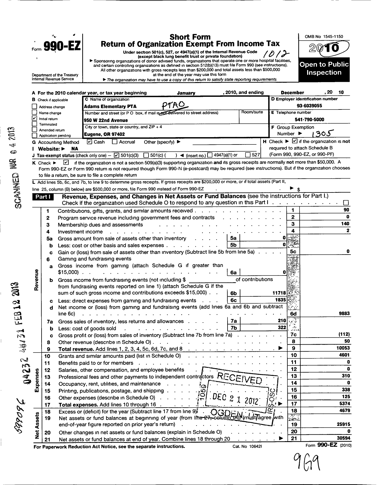 Image of first page of 2010 Form 990EZ for PTA Oregon Congress / Adams Elementary PTA