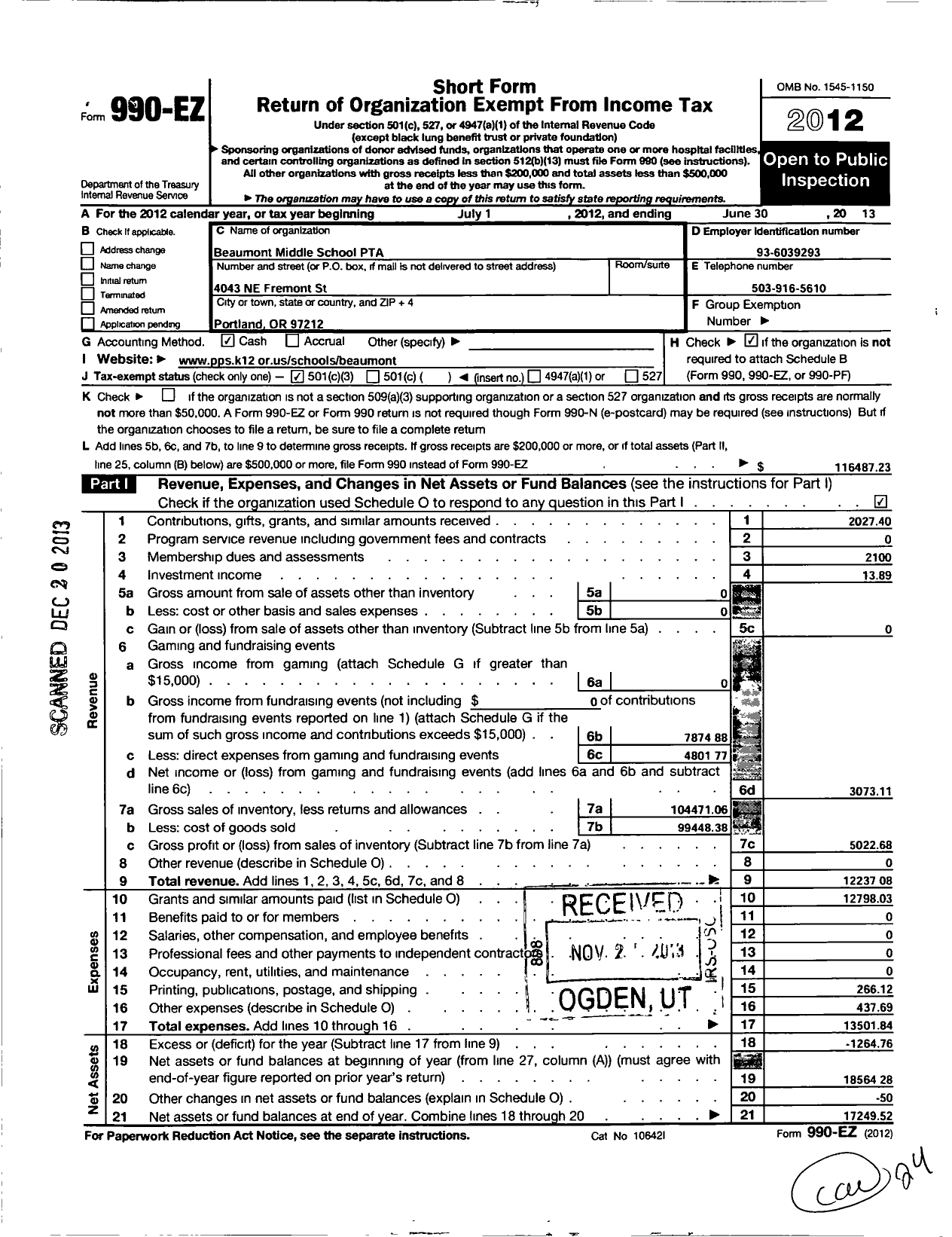 Image of first page of 2012 Form 990EZ for Beaumont Middle School PTA