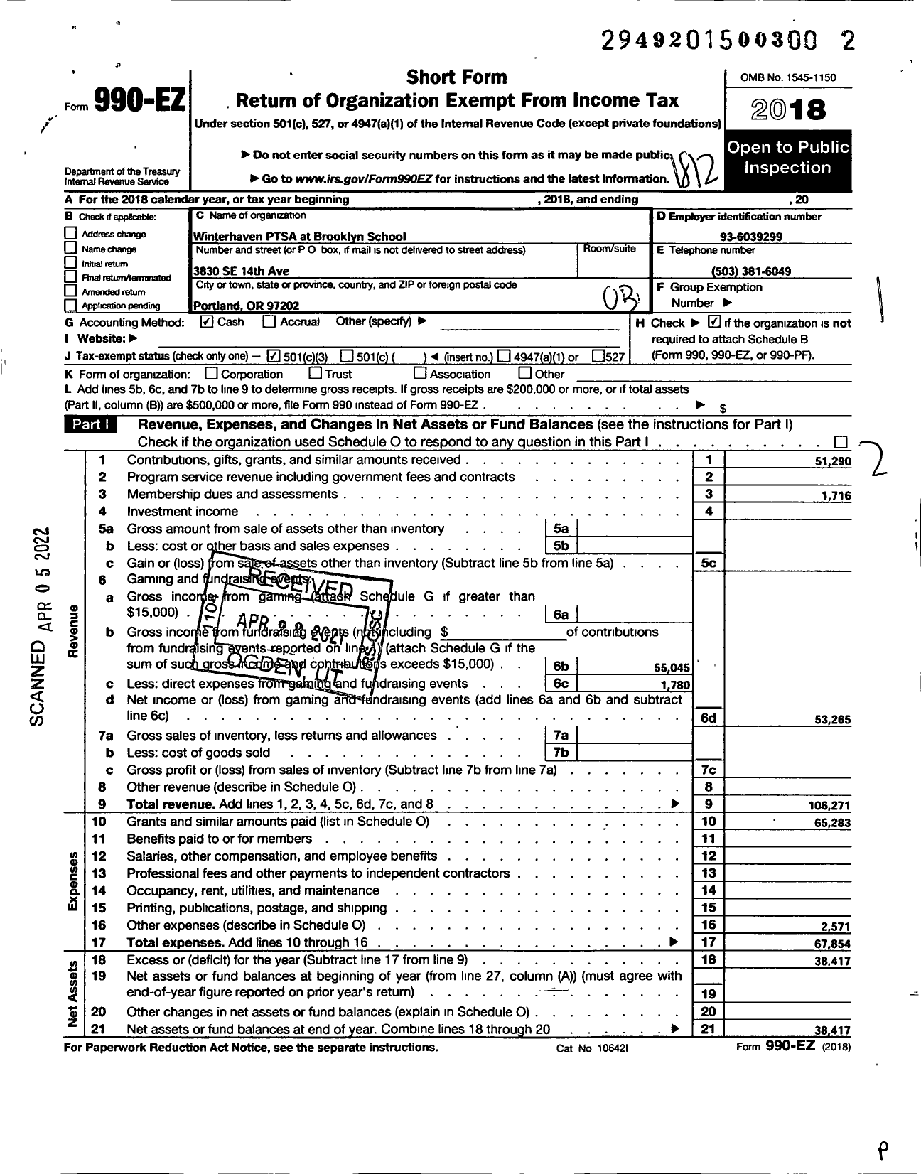 Image of first page of 2018 Form 990EZ for PTA Oregon Congress / Winterhaven Ptsa