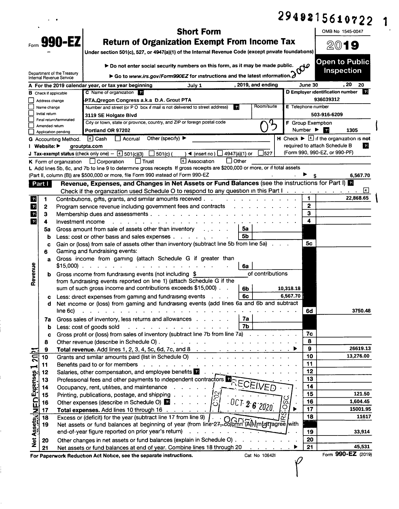 Image of first page of 2019 Form 990EZ for PTA Oregon Congress / Grout Elem PTA Da