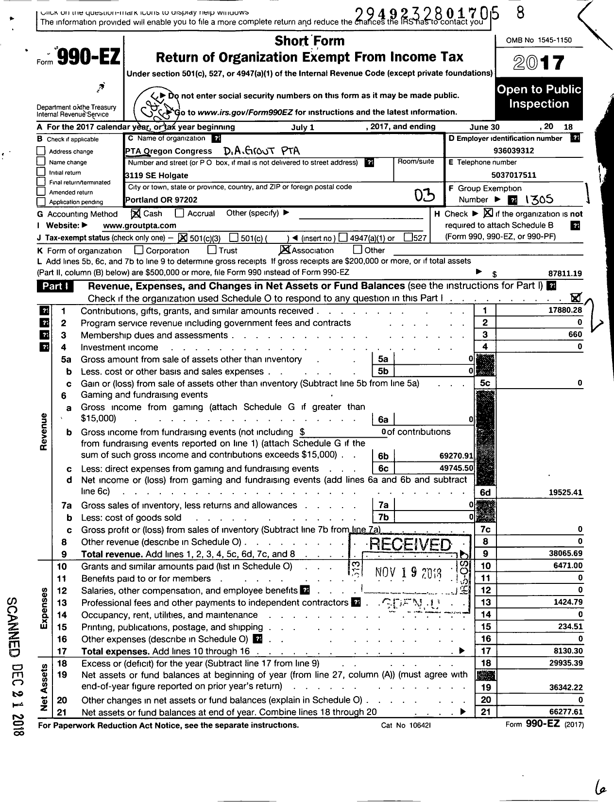 Image of first page of 2017 Form 990EZ for PTA Oregon Congress / Grout Elem PTA Da