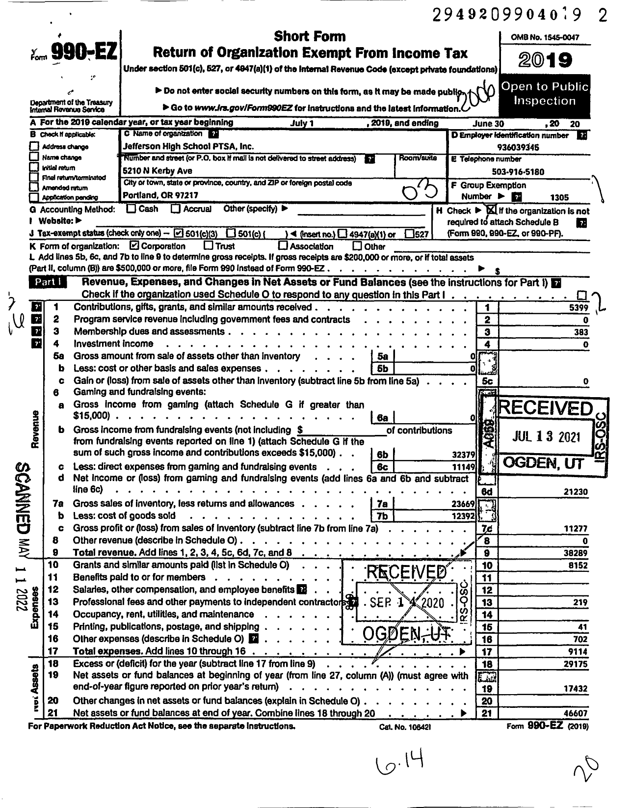 Image of first page of 2019 Form 990EZ for PTA Oregon Congress / Jefferson High Ptsa