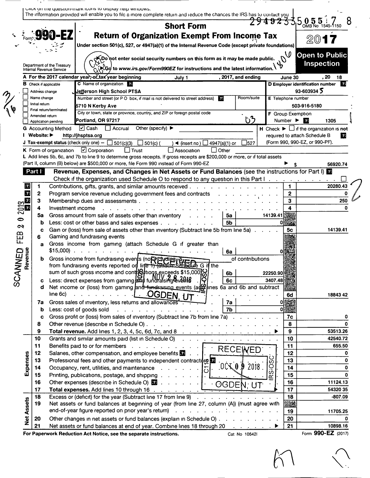 Image of first page of 2017 Form 990EZ for PTA Oregon Congress / Jefferson High Ptsa