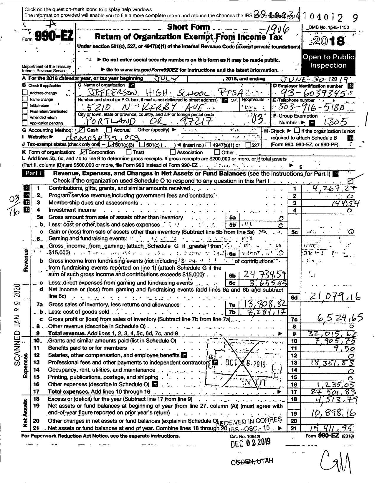 Image of first page of 2018 Form 990EZ for PTA Oregon Congress / Jefferson High Ptsa