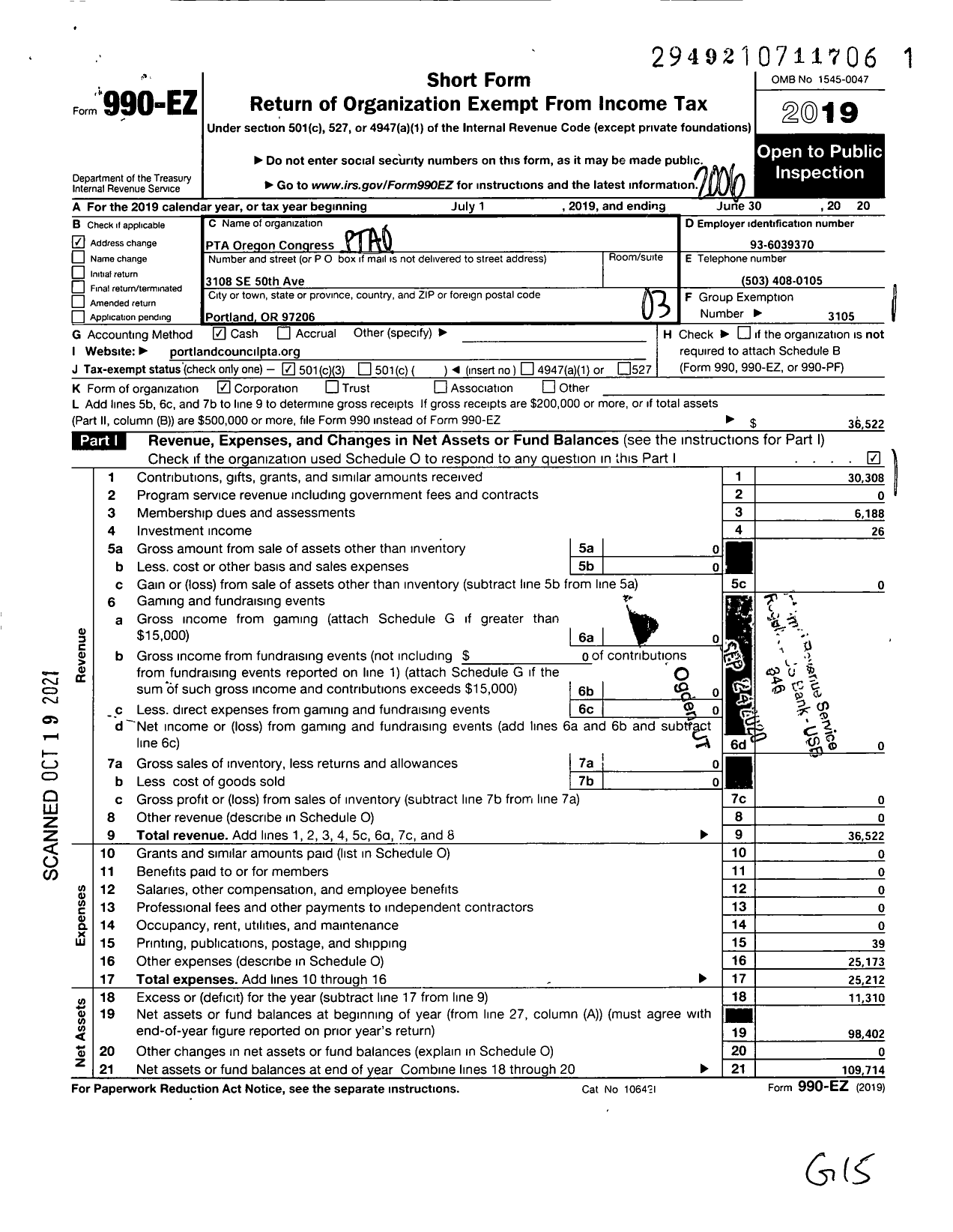 Image of first page of 2019 Form 990EZ for PTA Oregon Congress / Portland Council PTA