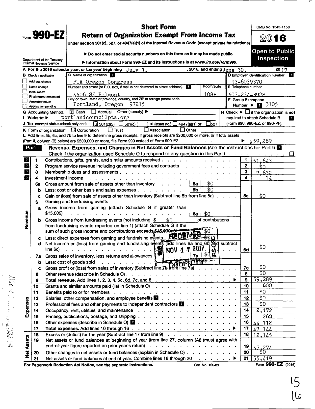 Image of first page of 2016 Form 990EZ for PTA Oregon Congress / Portland Council PTA