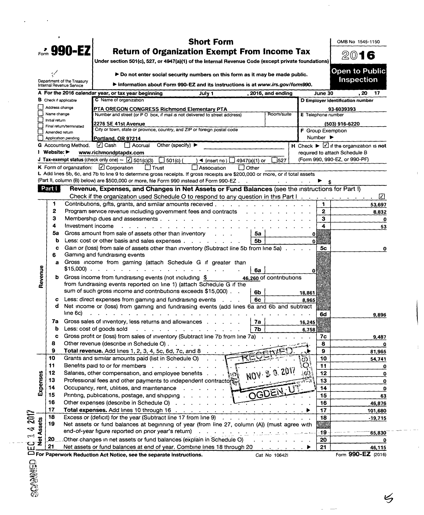 Image of first page of 2016 Form 990EZ for PTA Oregon Congress Richmond Elementary PTA