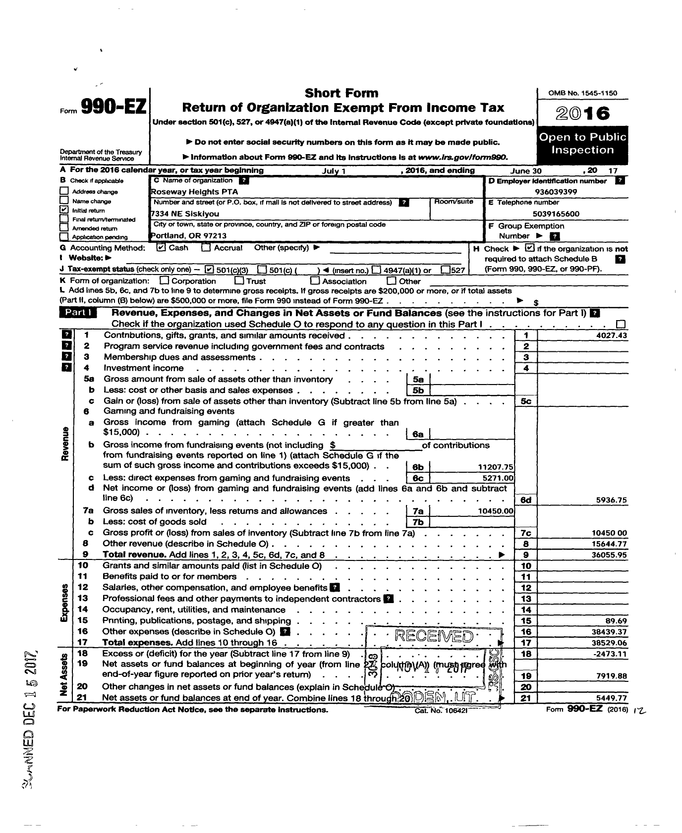 Image of first page of 2016 Form 990EZ for PTA Oregon Congress / Roseway Heights PTA