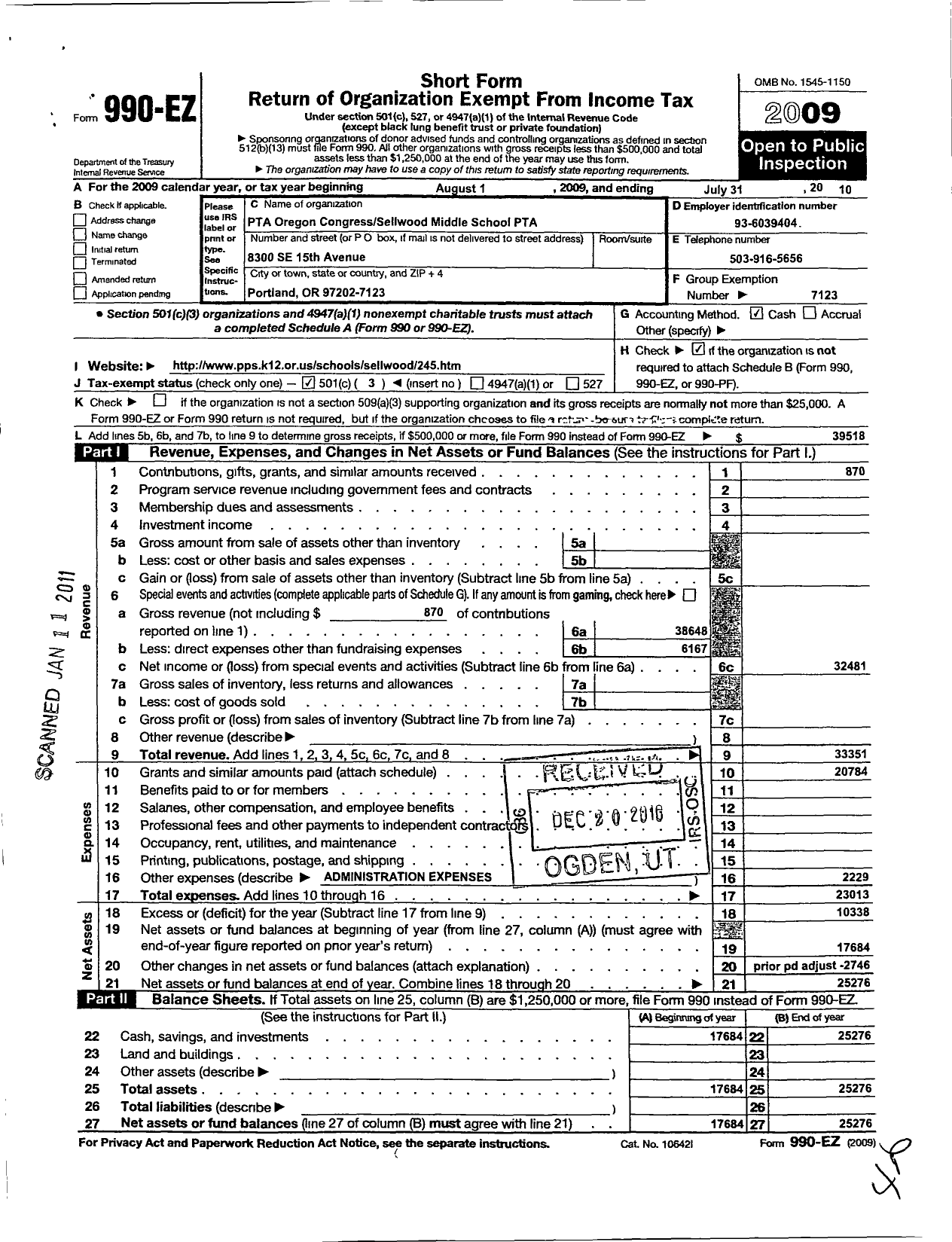 Image of first page of 2009 Form 990EZ for Sellwood Middle School PTA