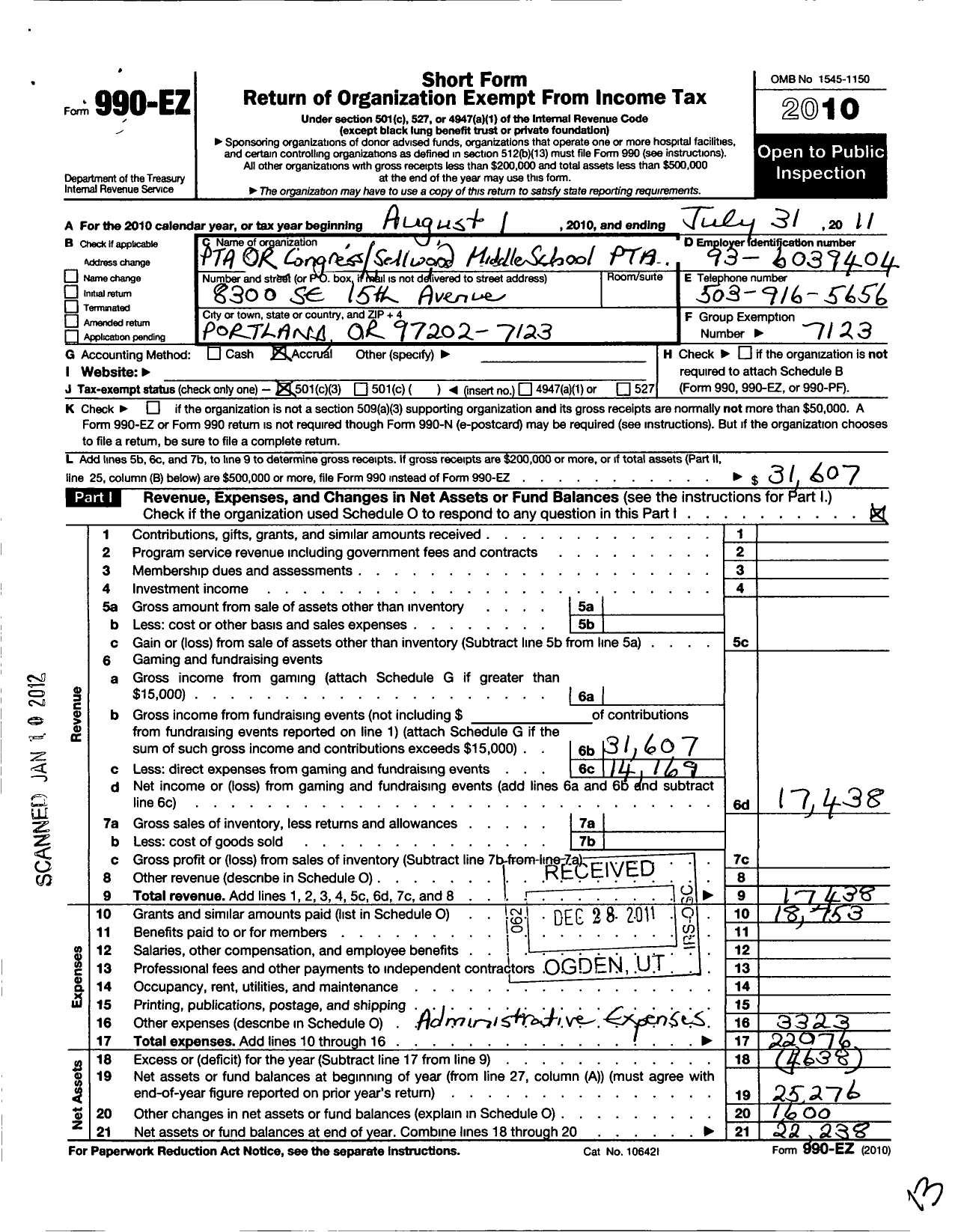 Image of first page of 2010 Form 990EZ for Sellwood Middle School PTA