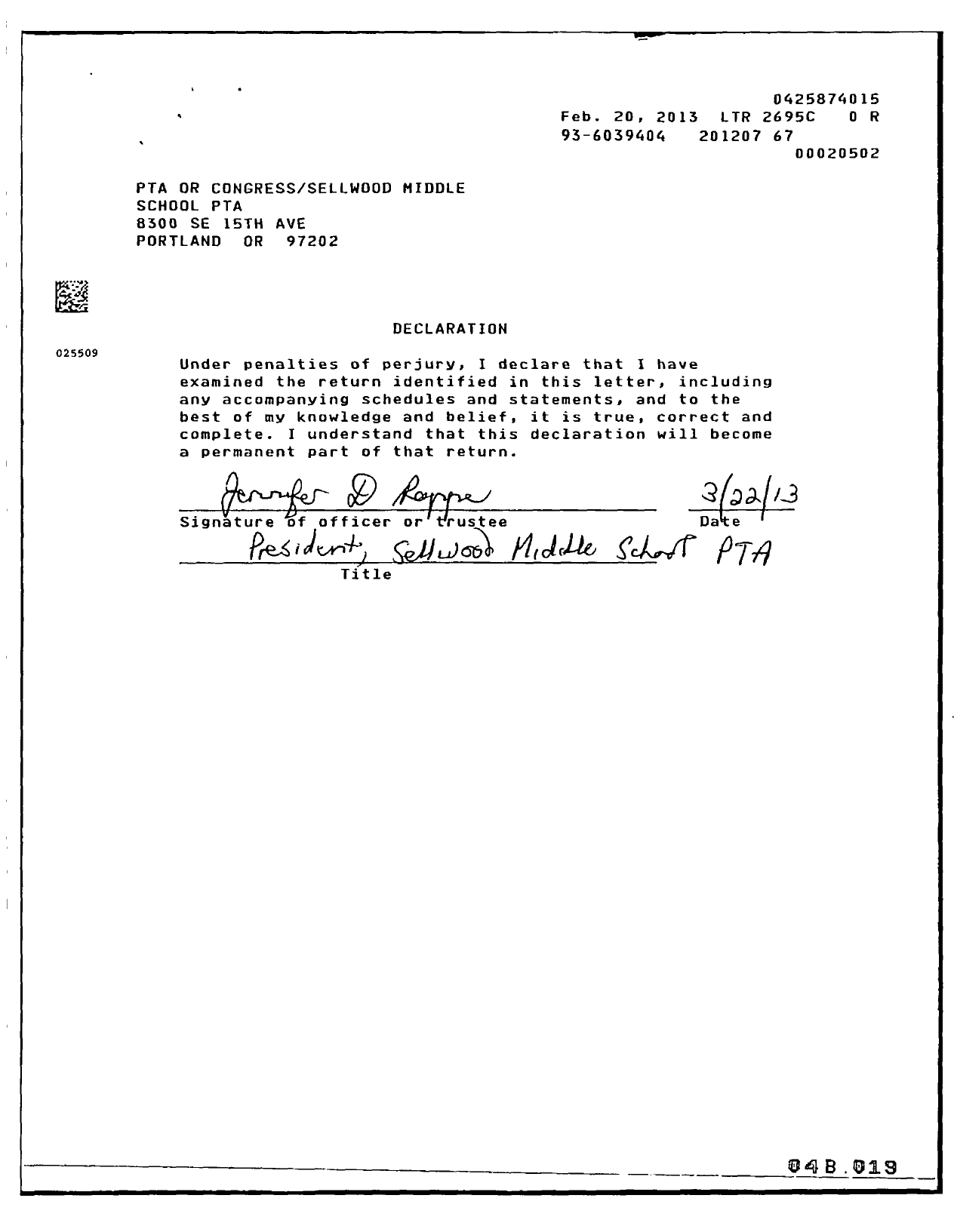 Image of first page of 2011 Form 990ER for Sellwood Middle School PTA