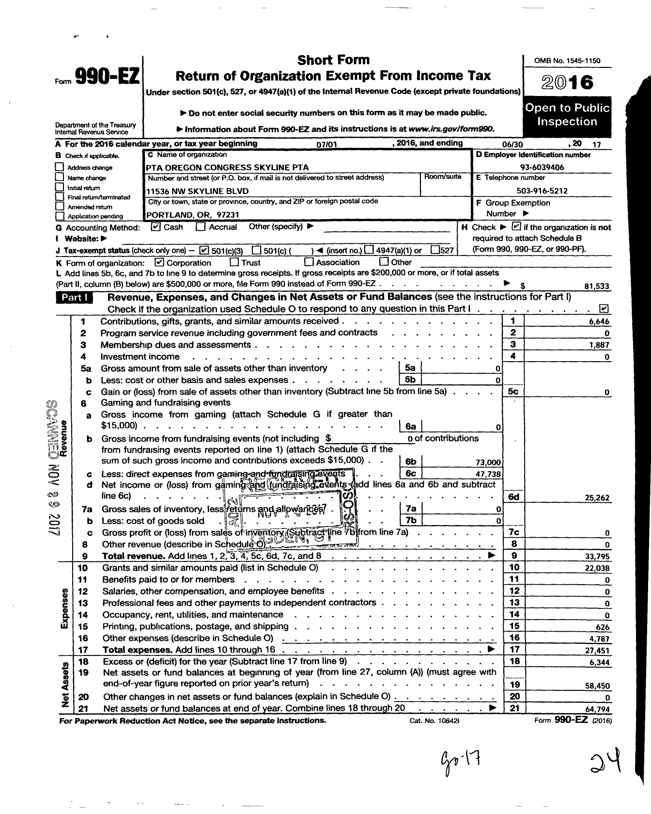 Image of first page of 2016 Form 990EZ for Skyline PTA