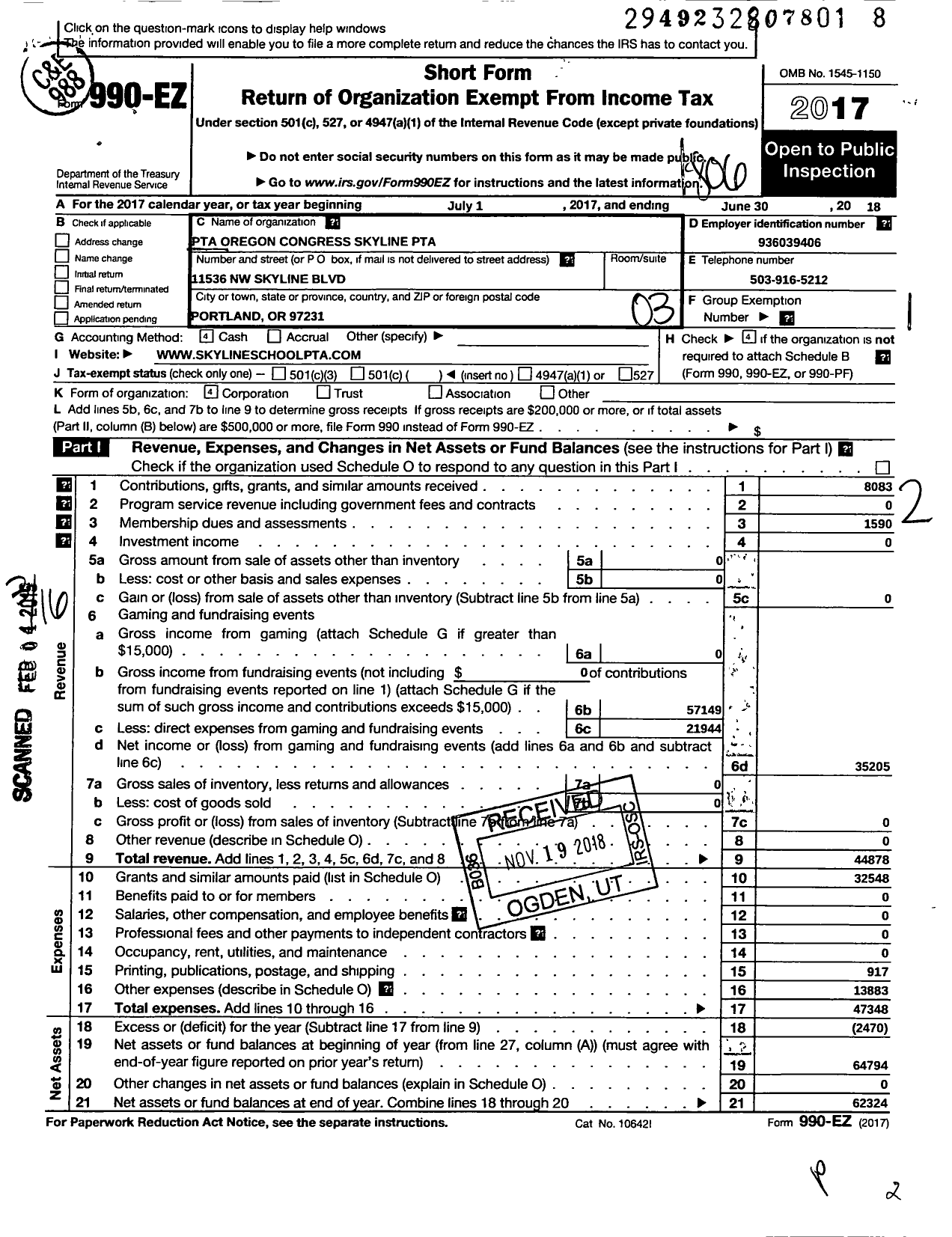 Image of first page of 2017 Form 990EZ for Skyline PTA