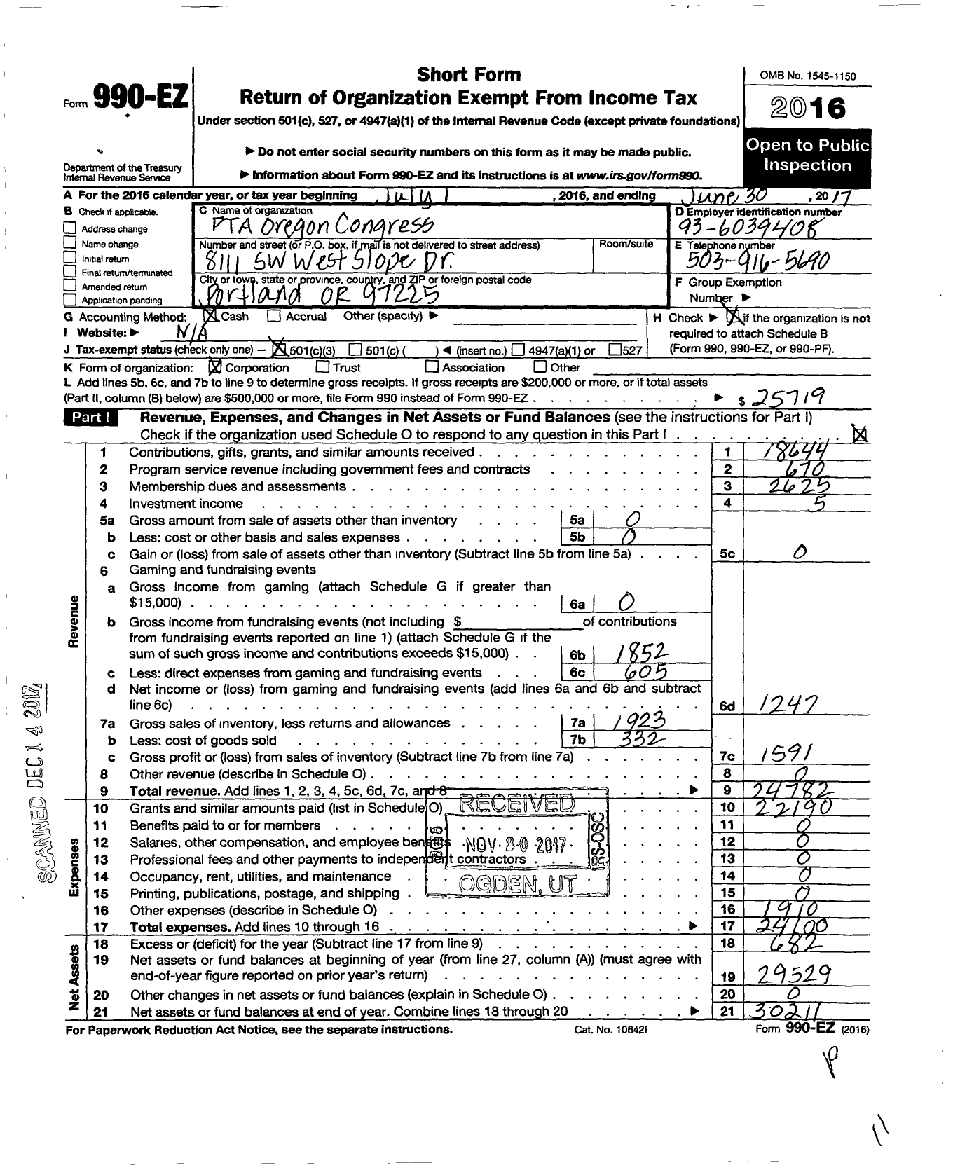 Image of first page of 2016 Form 990EZ for PTA Oregon Congress / West Sylvan MS PTA