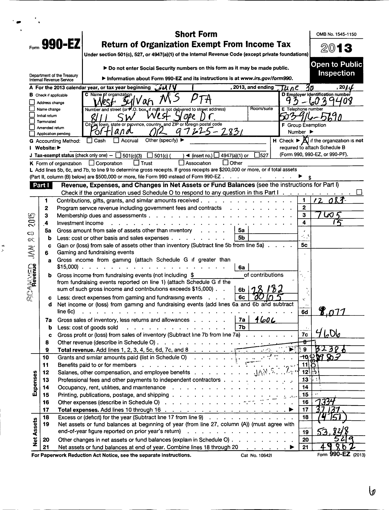 Image of first page of 2013 Form 990EO for PTA Oregon Congress / West Sylvan MS PTA