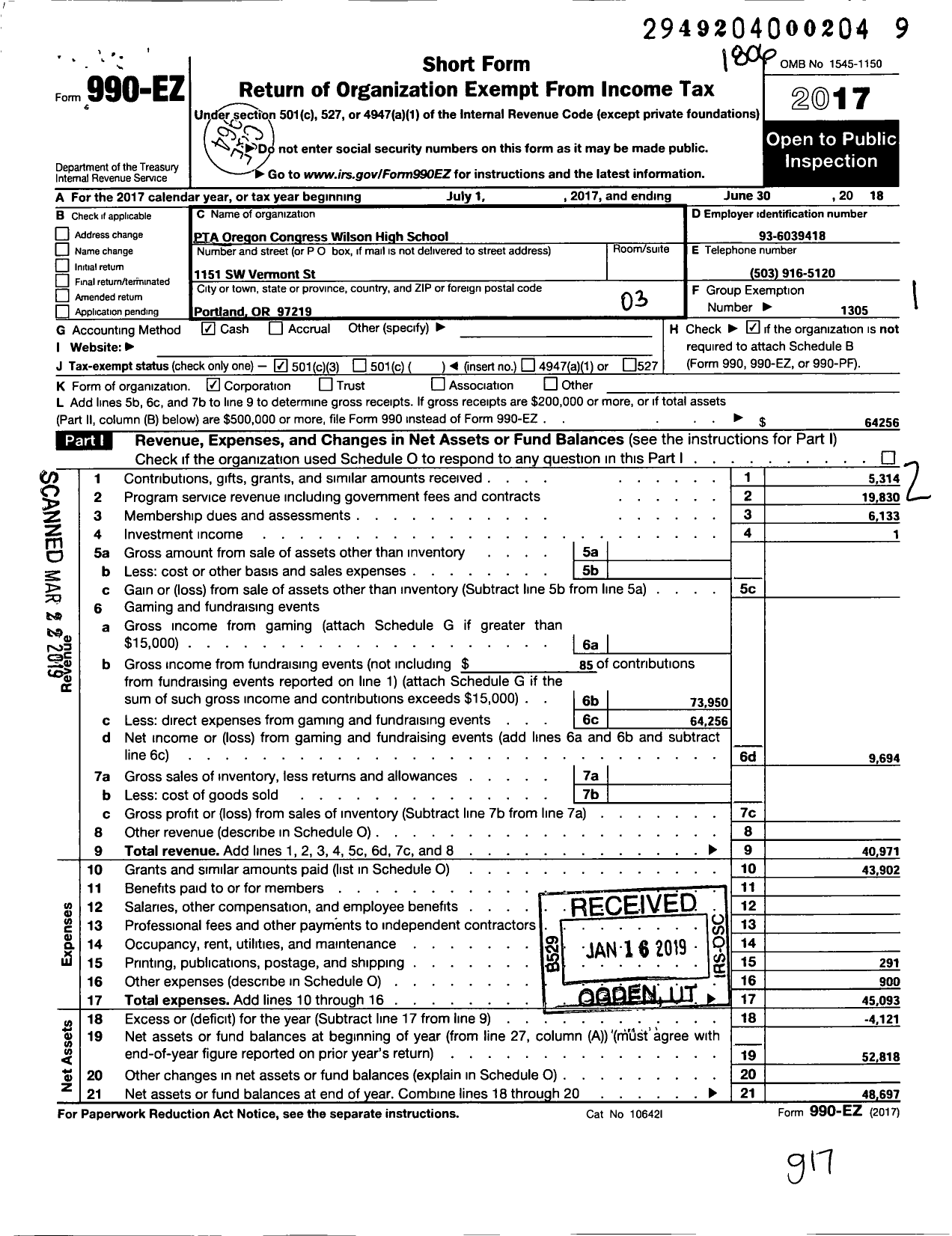 Image of first page of 2017 Form 990EZ for PTA Oregon Congress / Ida B Wells High School PTA